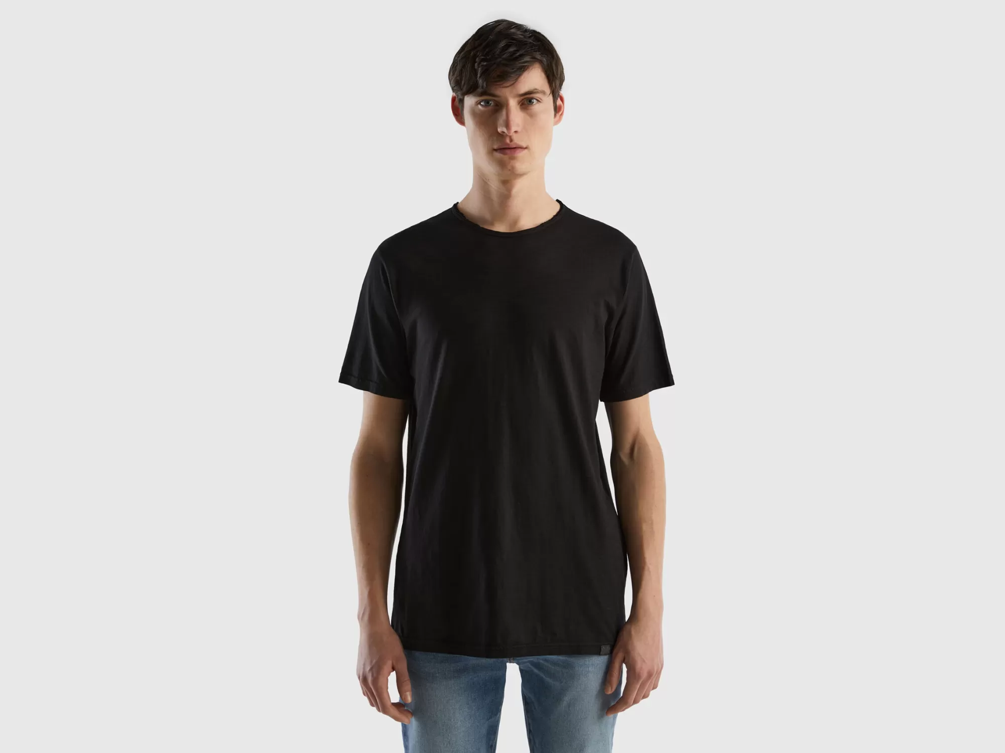 Benetton Camiseta Negra De Algodón Flameado-Hombre Camisetas