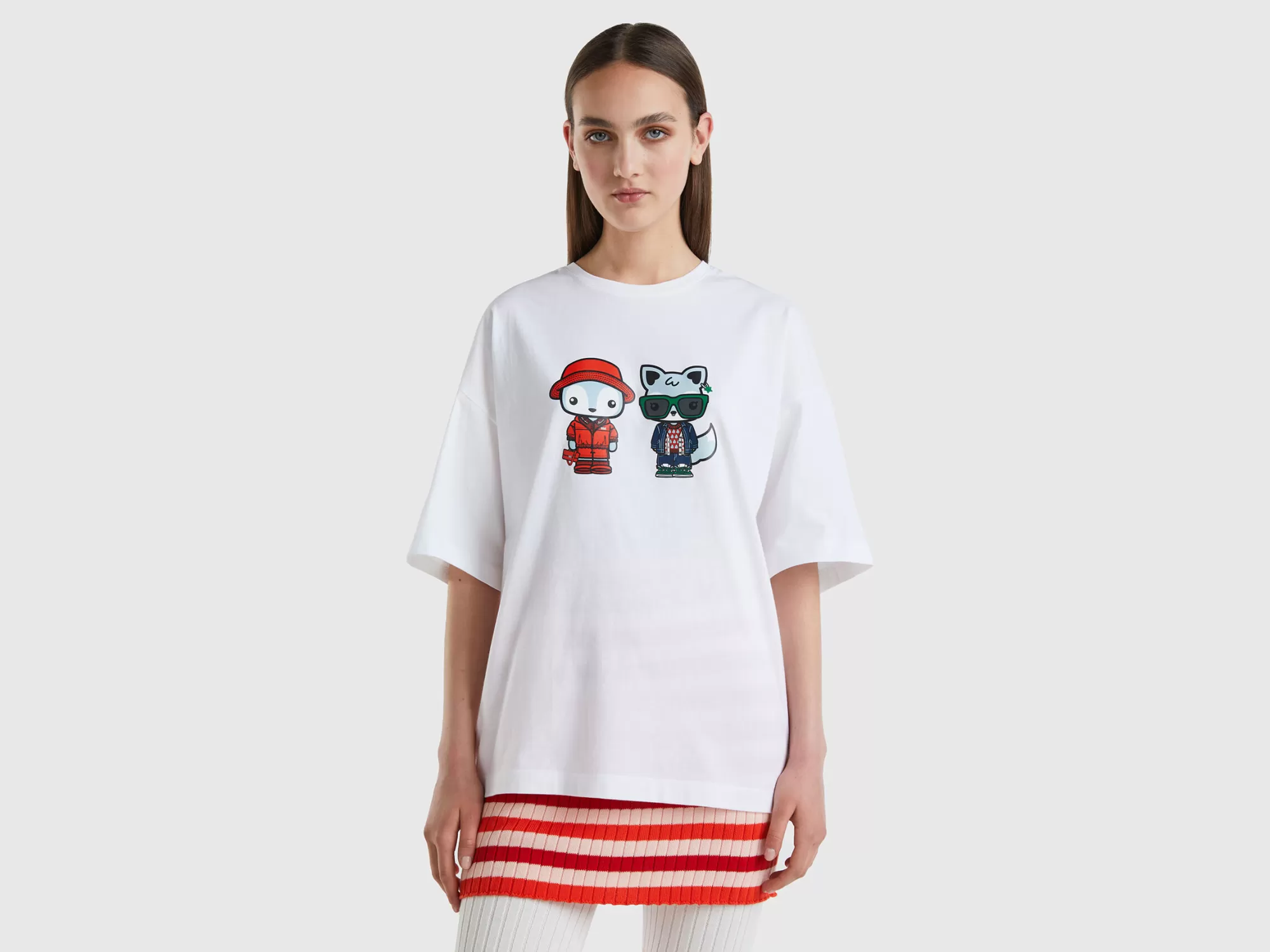 Benetton Camiseta Oversize Blanca Be Family-Hombre Camisetas