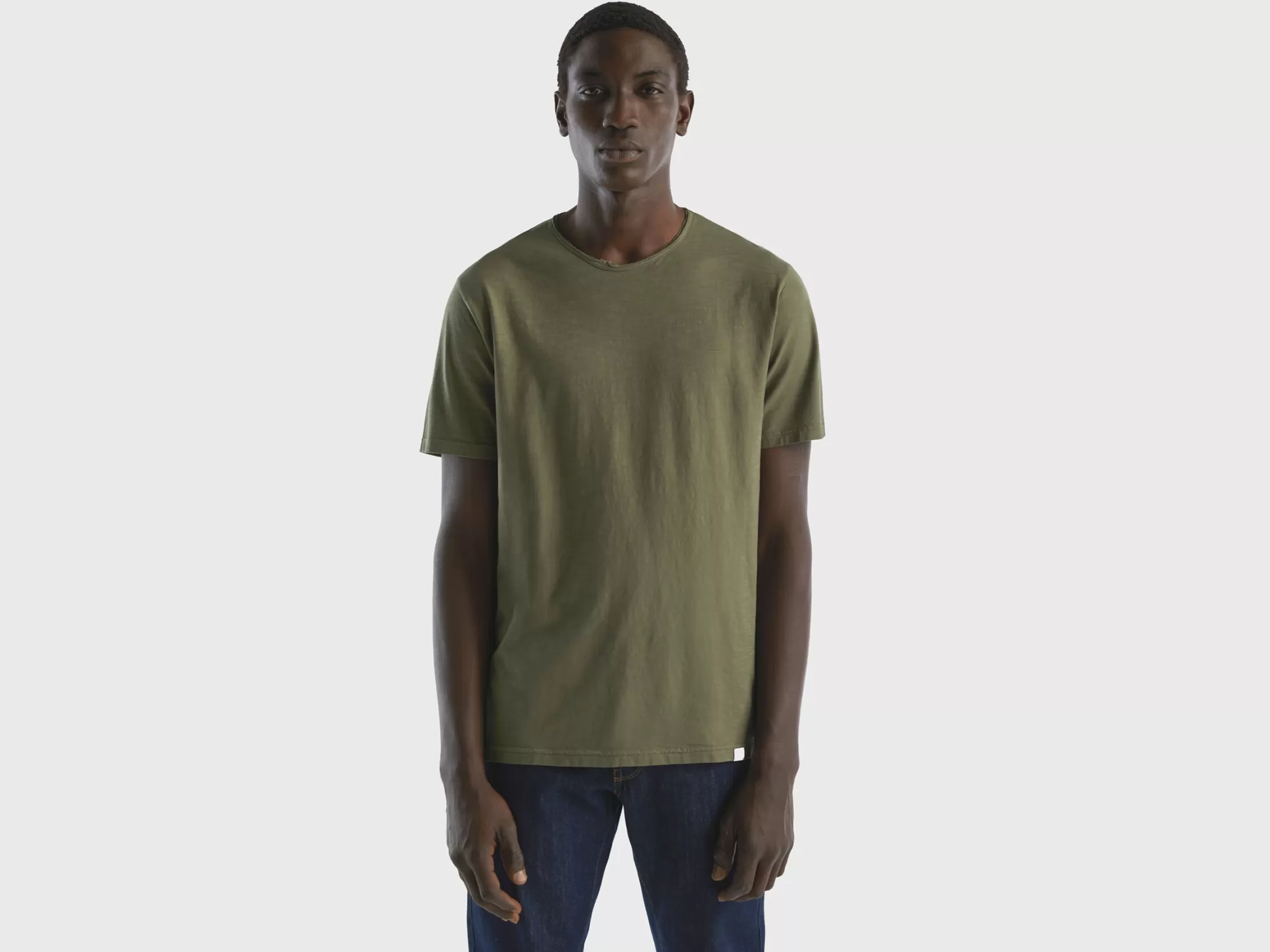 Benetton Camiseta Verde De Algodón Flameado-Hombre Camisetas