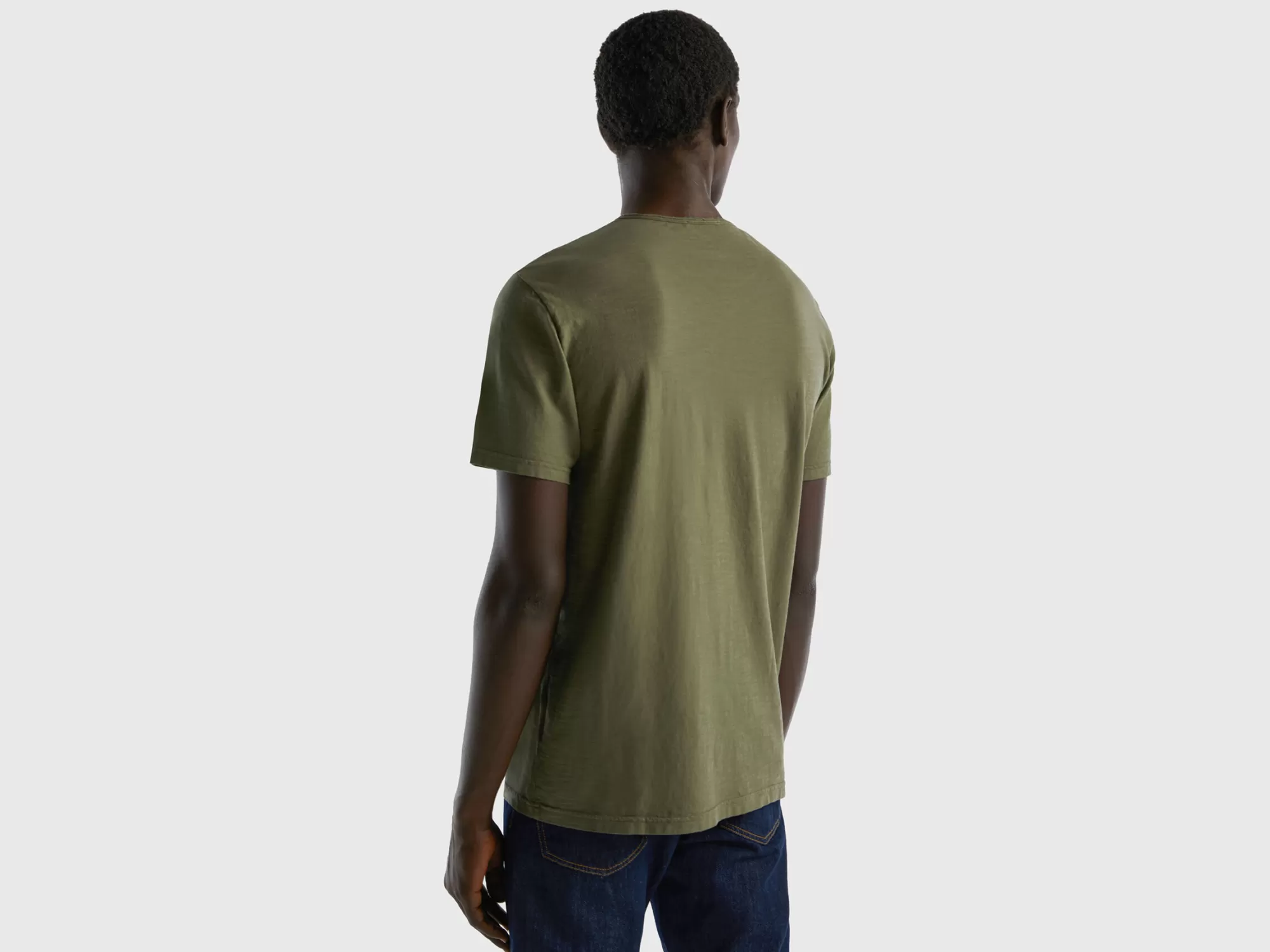 Benetton Camiseta Verde De Algodón Flameado-Hombre Camisetas