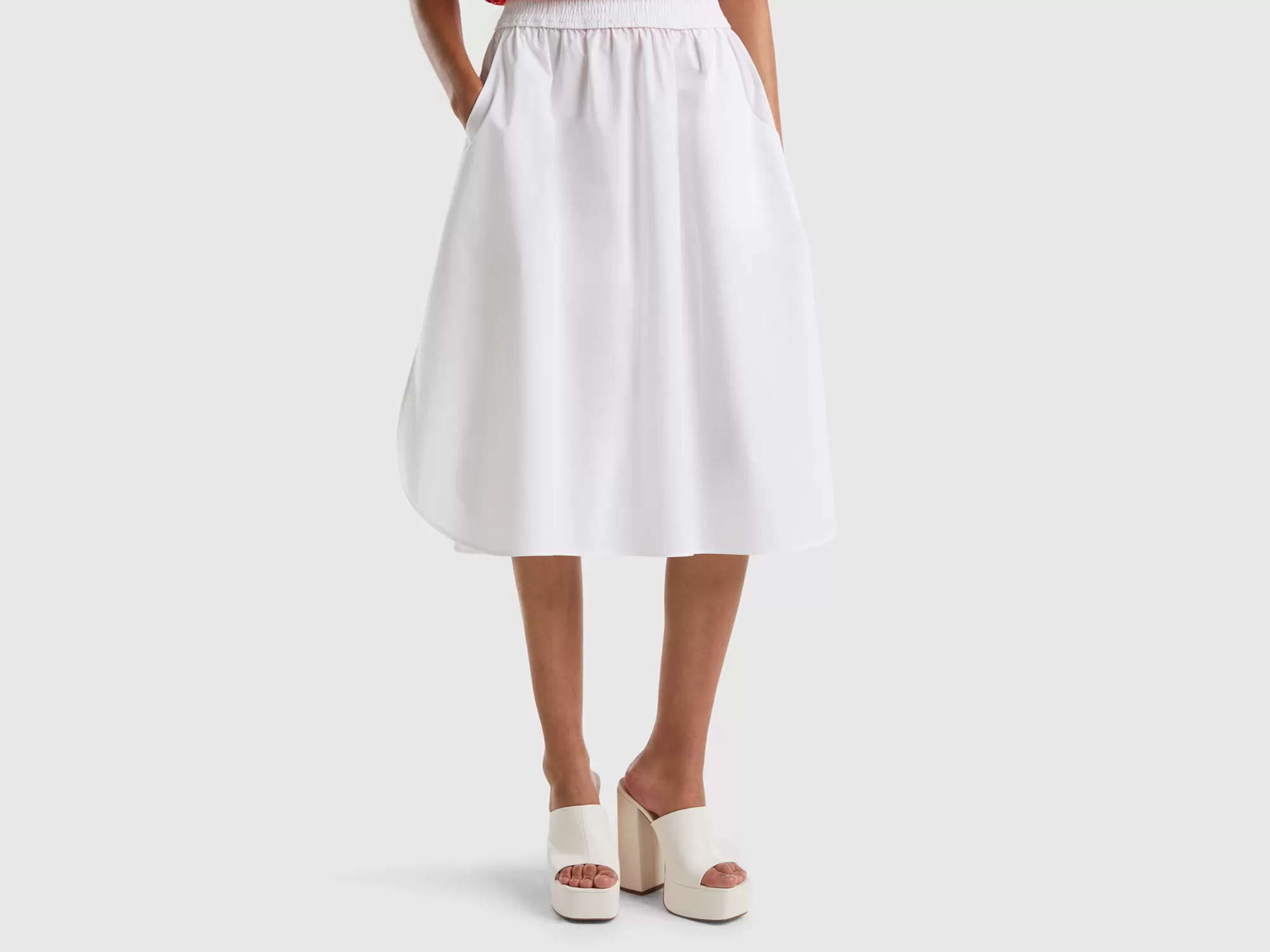 Benetton Falda Midi Blanca De 100 % Algodón-Mujer Faldas