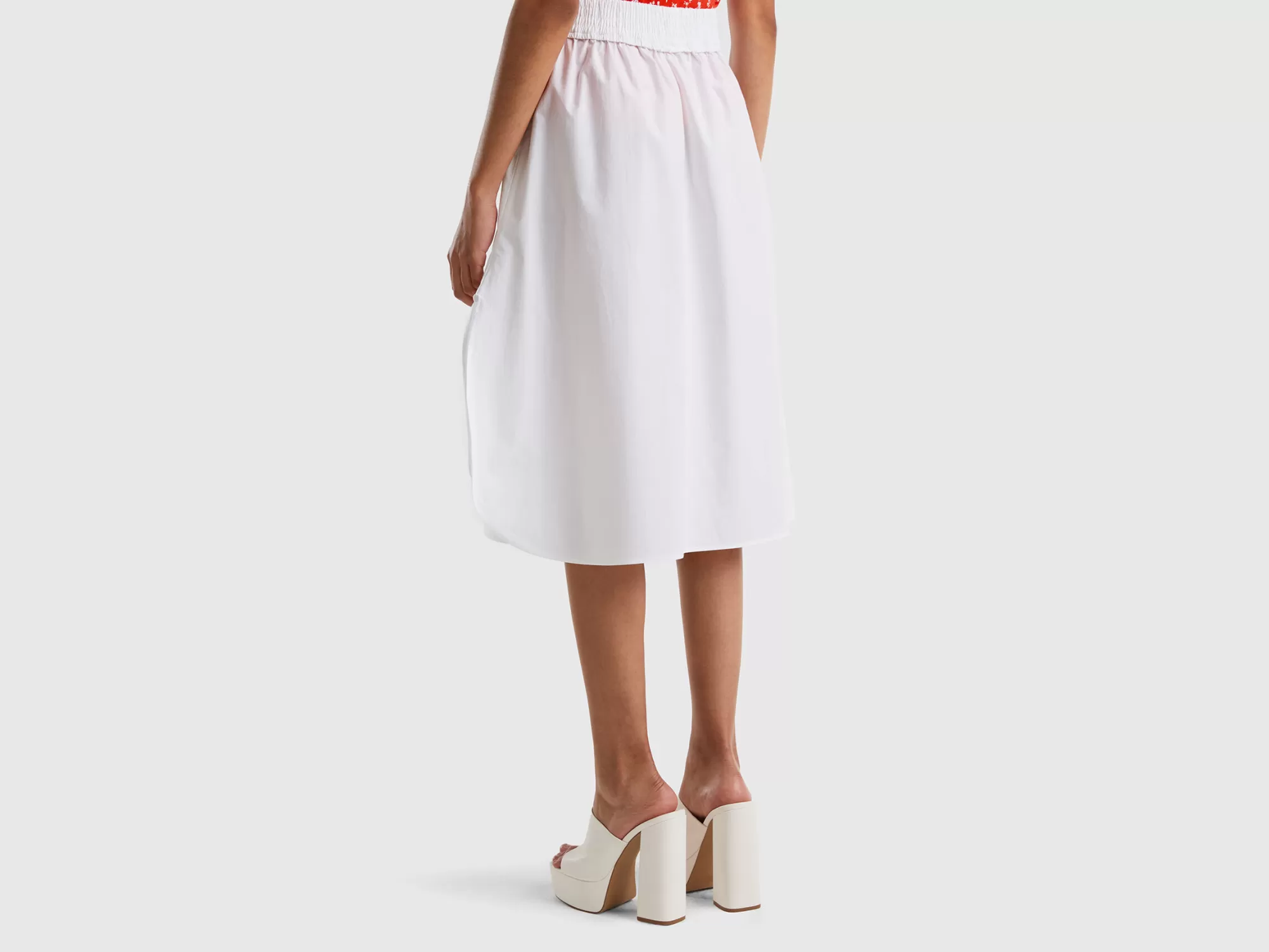 Benetton Falda Midi Blanca De 100 % Algodón-Mujer Faldas