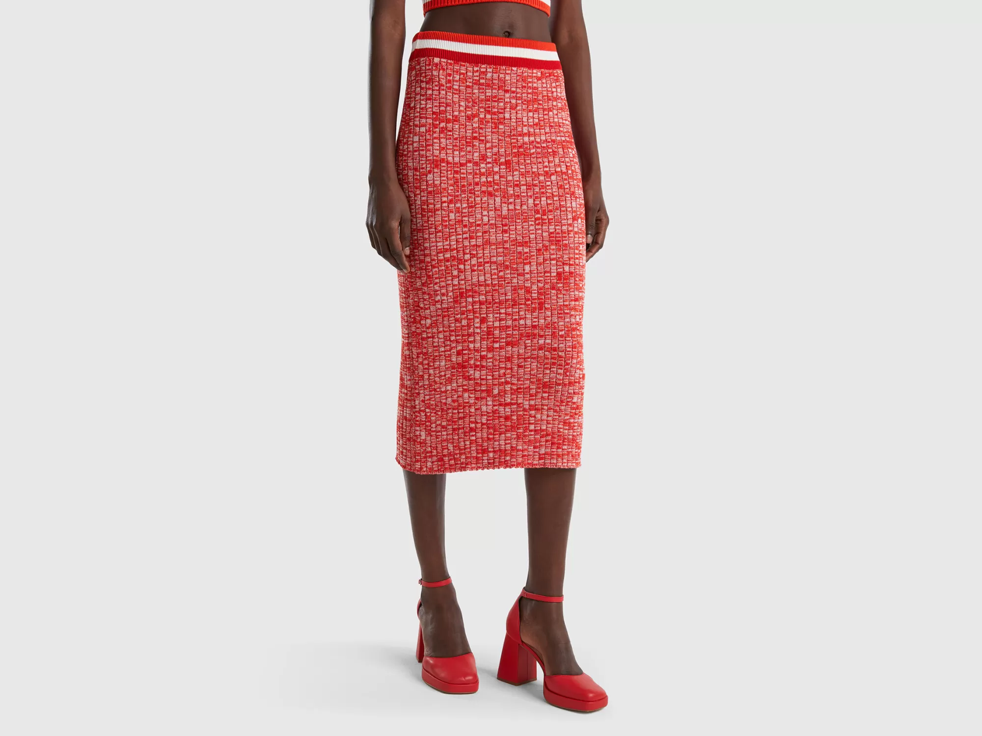 Benetton Falda Midi Roja De Punto-Mujer Faldas