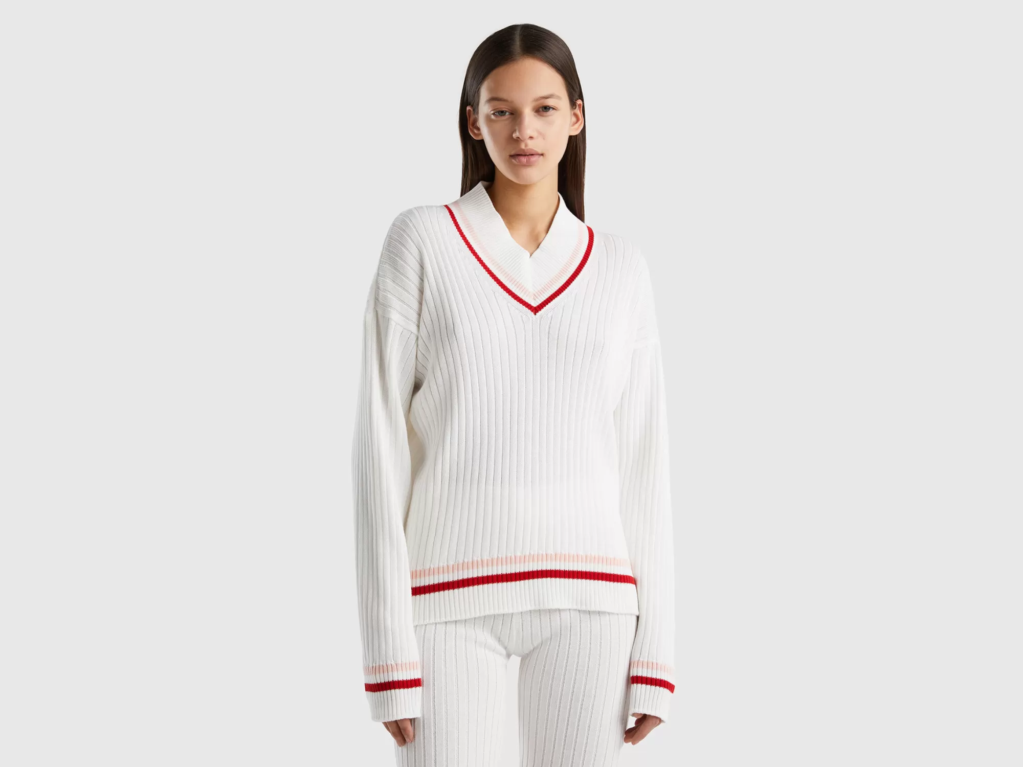 Benetton Jersey Blanco Nata Con Bordes A Rayas-Mujer Prendas De Punto