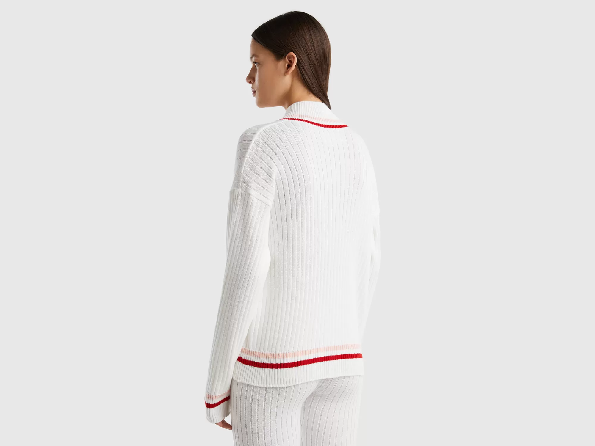 Benetton Jersey Blanco Nata Con Bordes A Rayas-Mujer Prendas De Punto