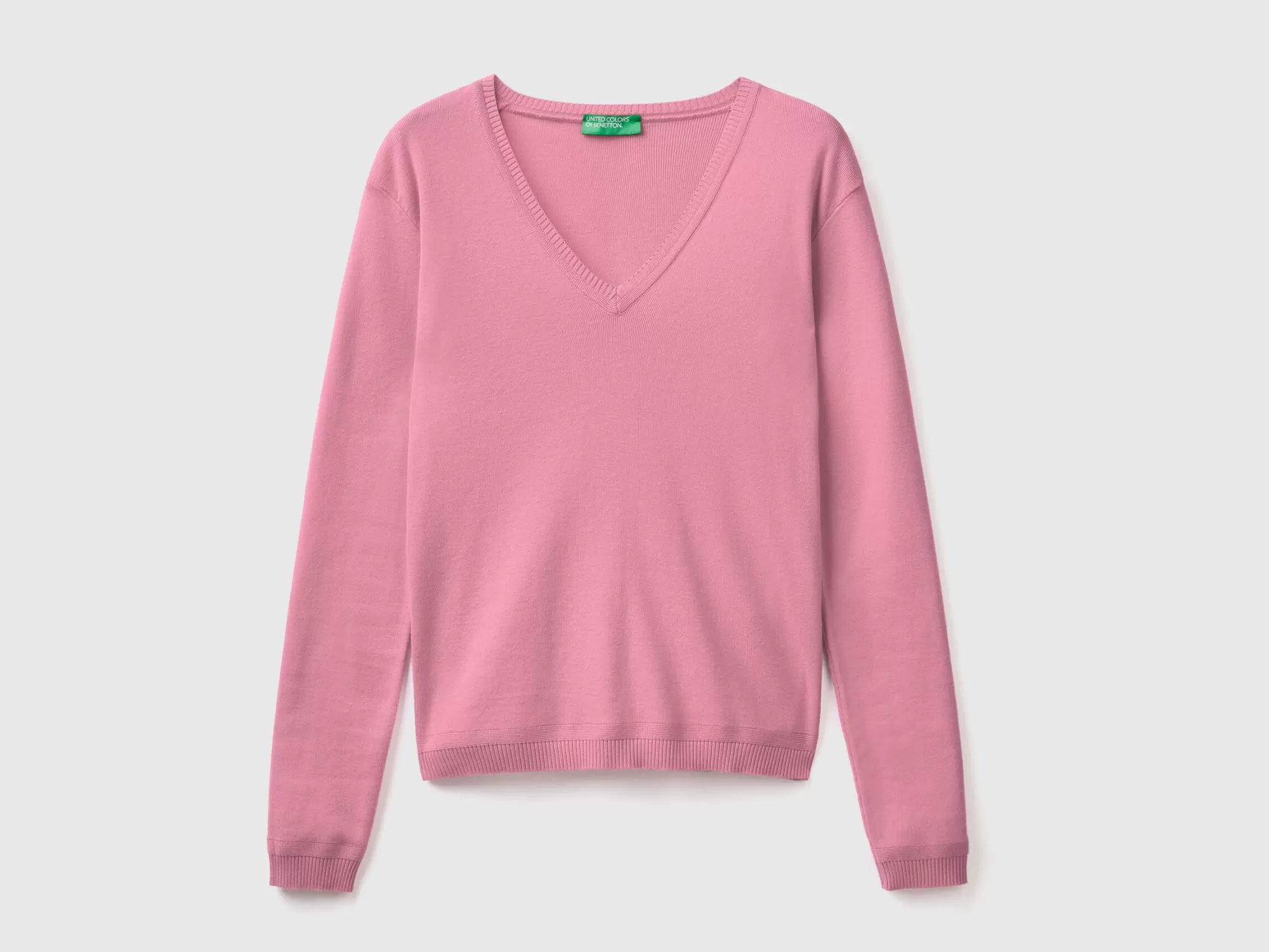 Benetton Jersey De Algodón Puro Con Escote De Pico-Mujer Prendas De Punto