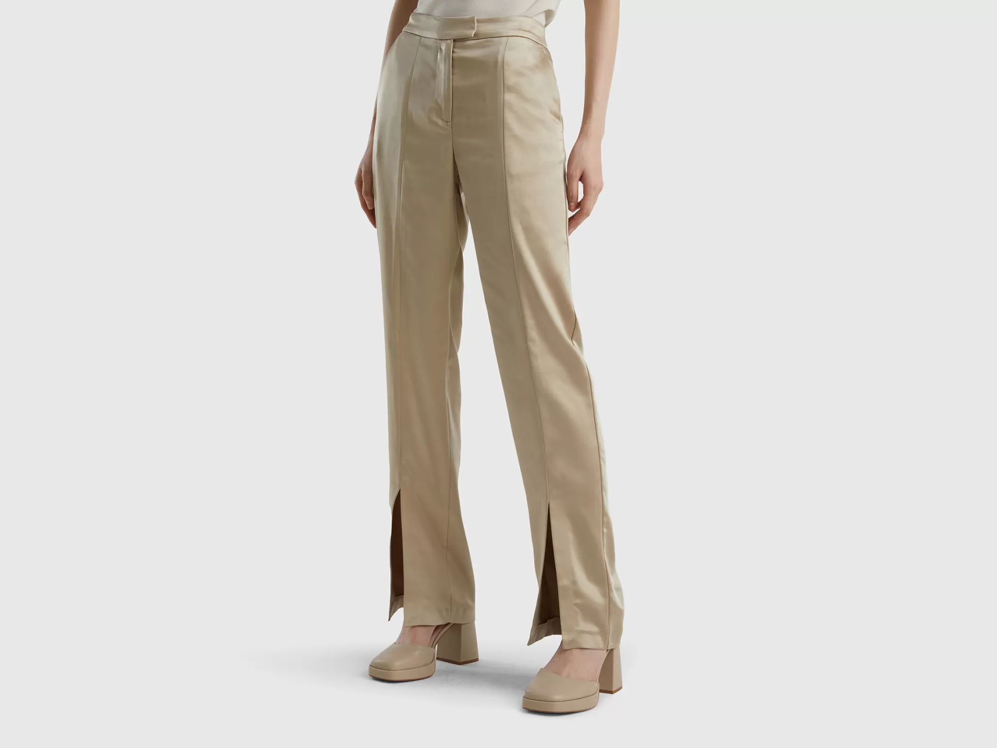 Benetton Pantalon Con Abertura Y Efecto Raso-Mujer Pantalones Y Chinos