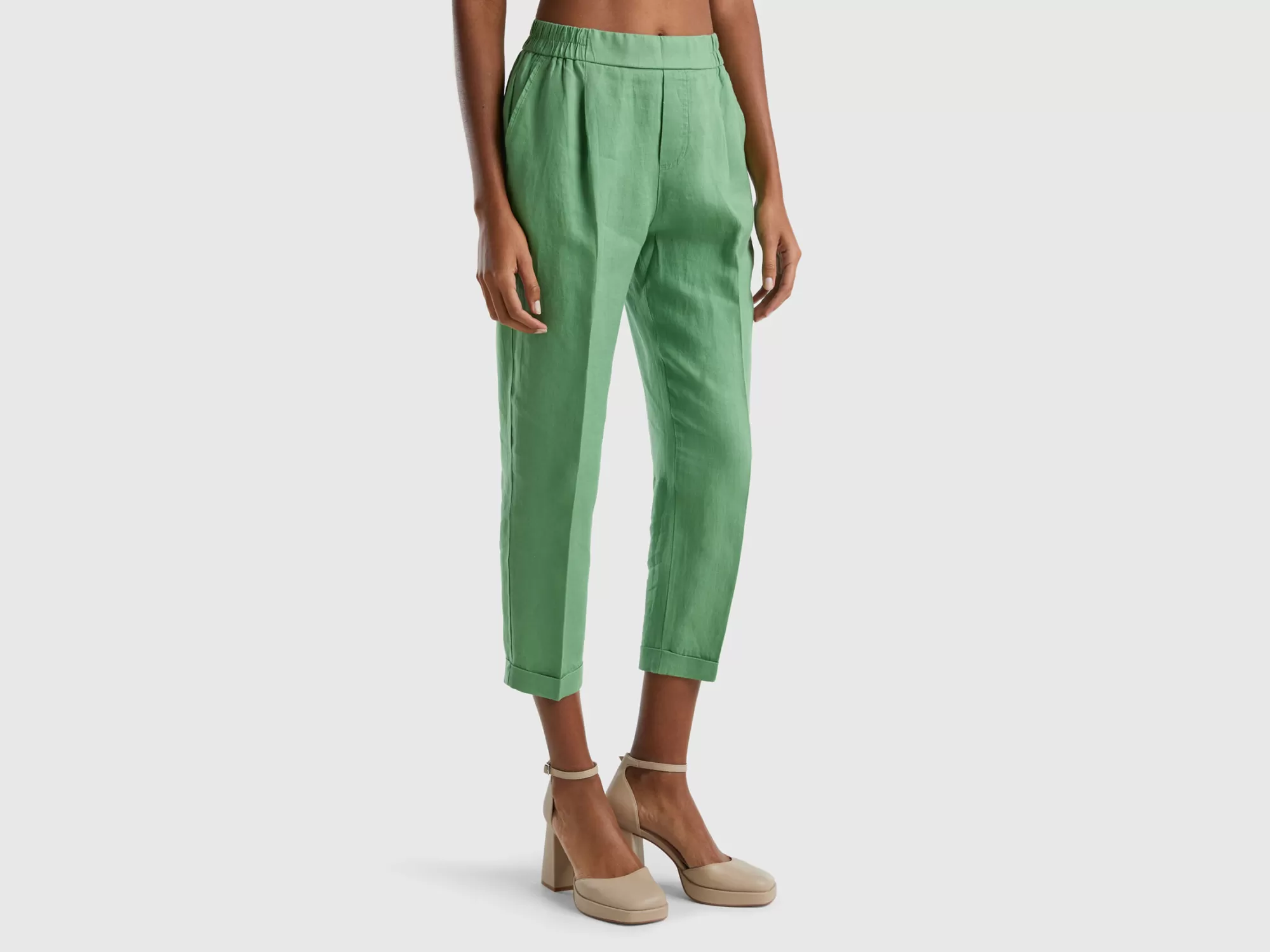 Benetton Pantalon Cropped De 100% Lino-Mujer Pantalones Y Chinos