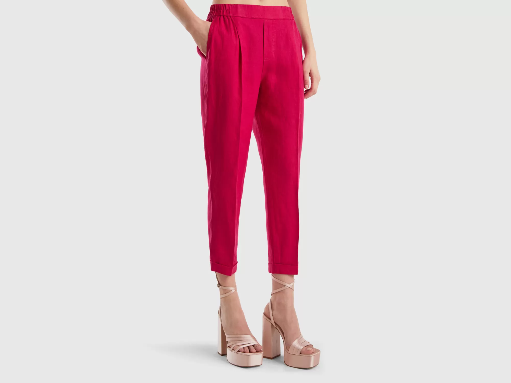 Benetton Pantalon Cropped De 100% Lino-Mujer Pantalones Y Chinos