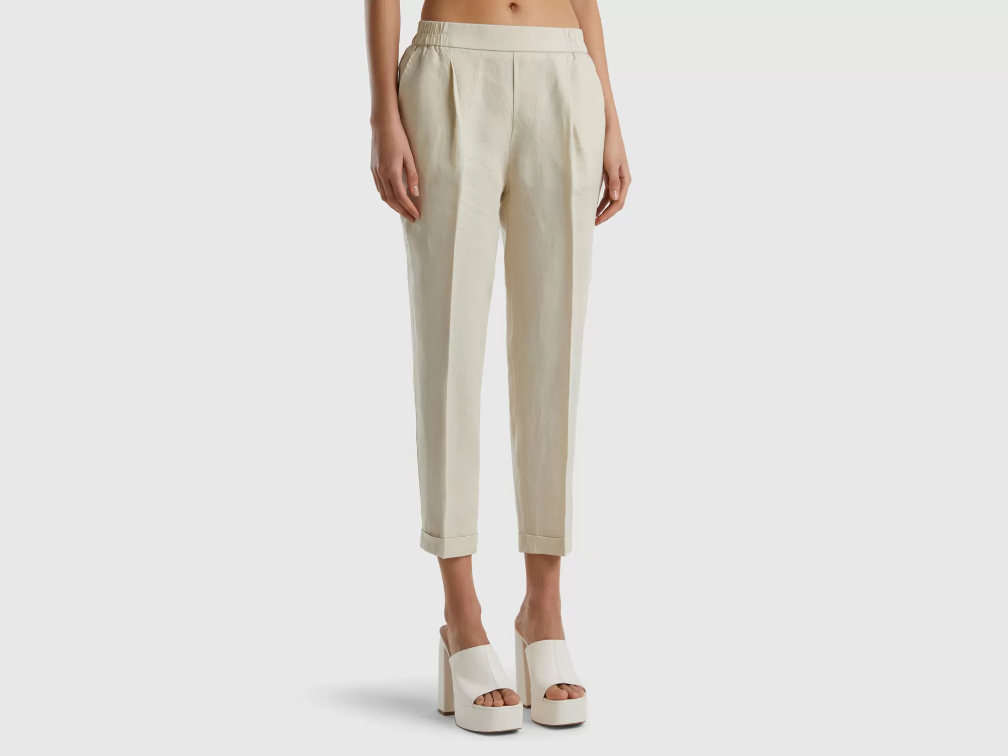 Benetton Pantalon Cropped De 100% Lino-Mujer Pantalones Y Chinos