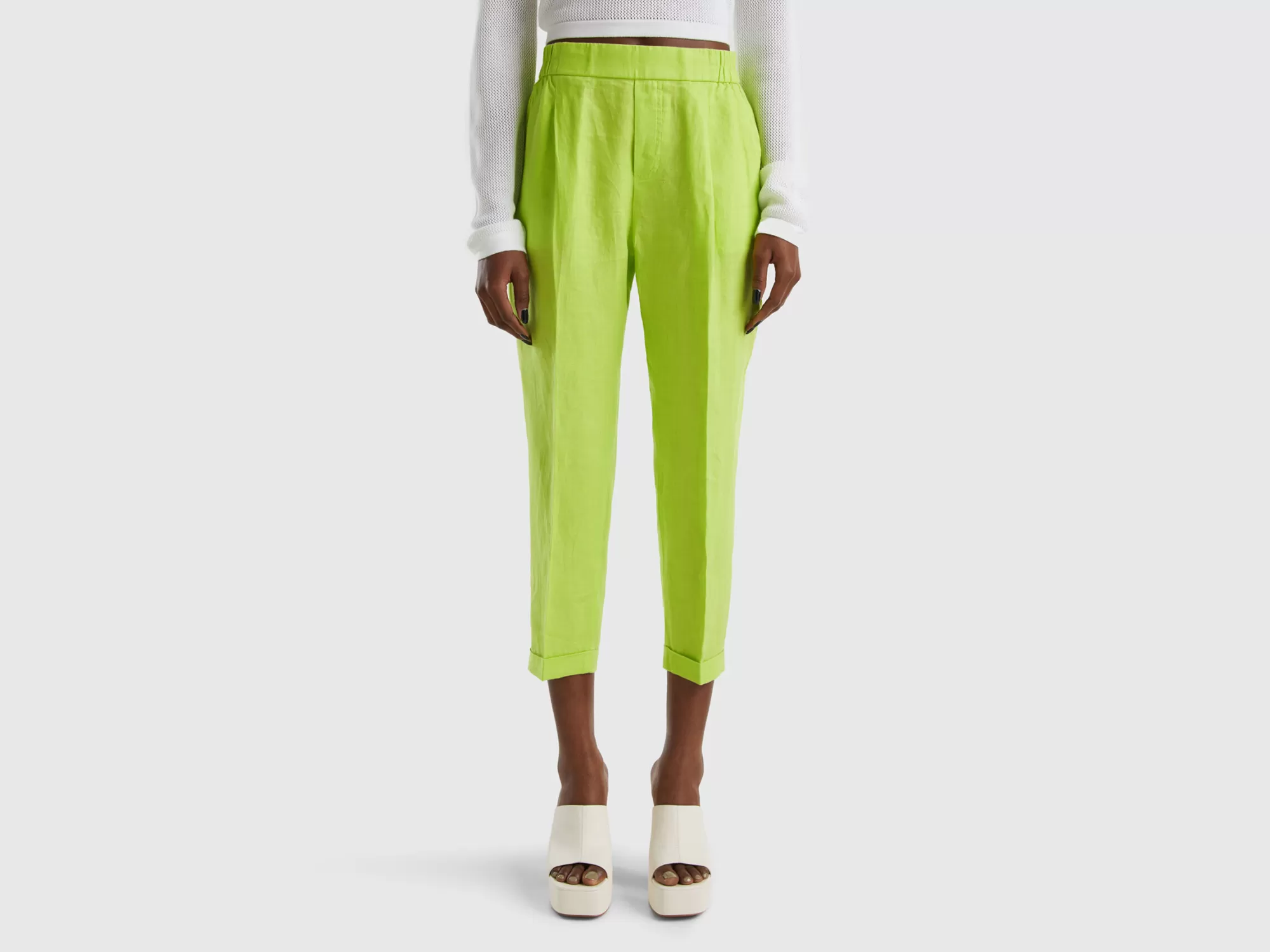 Benetton Pantalon Cropped De 100% Lino-Mujer Pantalones Y Chinos