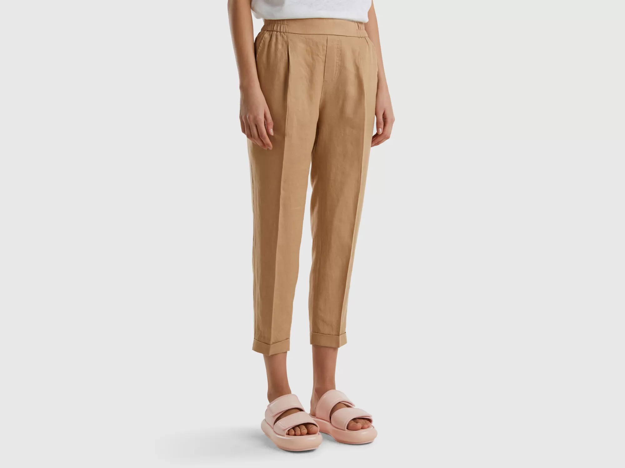 Benetton Pantalon Cropped De 100% Lino-Mujer Pantalones Y Chinos