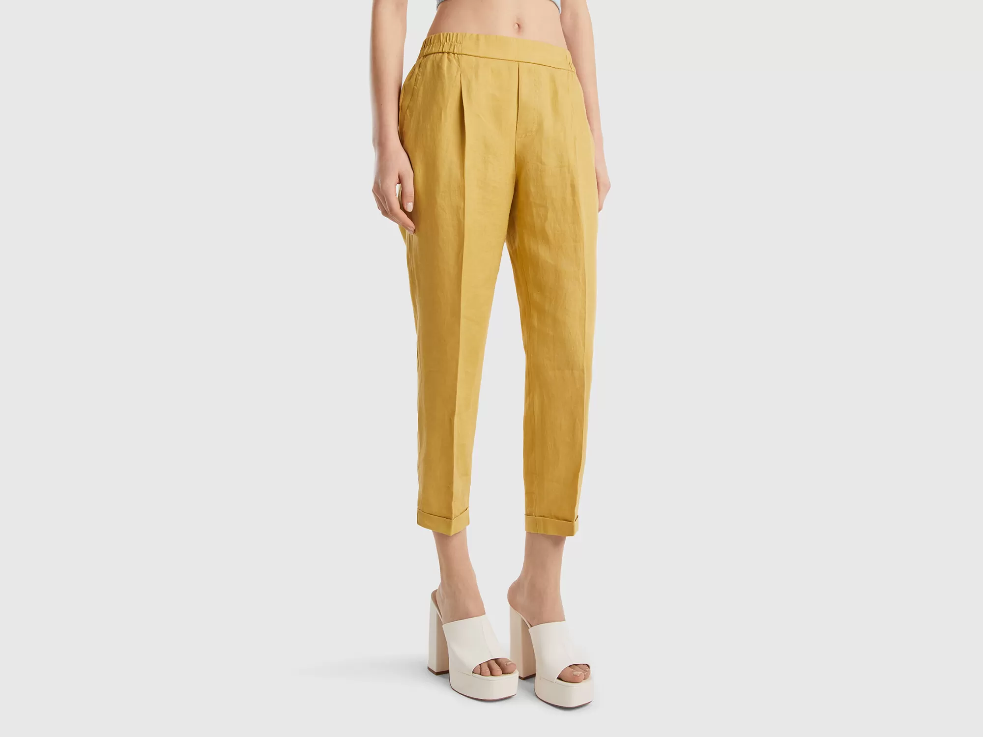 Benetton Pantalon Cropped De 100% Lino-Mujer Pantalones Y Chinos