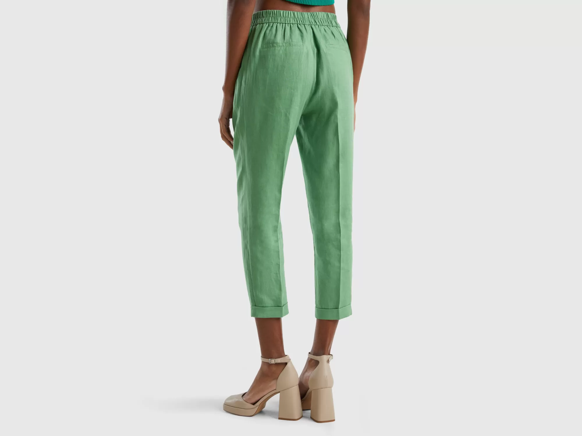 Benetton Pantalon Cropped De 100% Lino-Mujer Pantalones Y Chinos