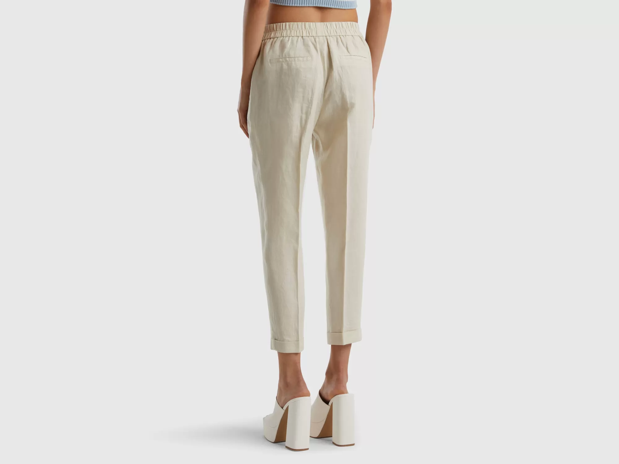 Benetton Pantalon Cropped De 100% Lino-Mujer Pantalones Y Chinos