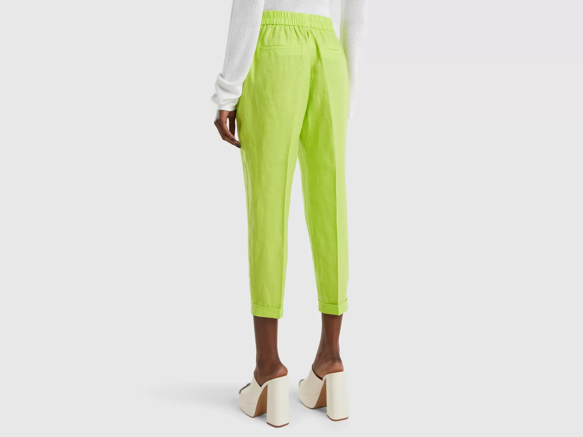 Benetton Pantalon Cropped De 100% Lino-Mujer Pantalones Y Chinos