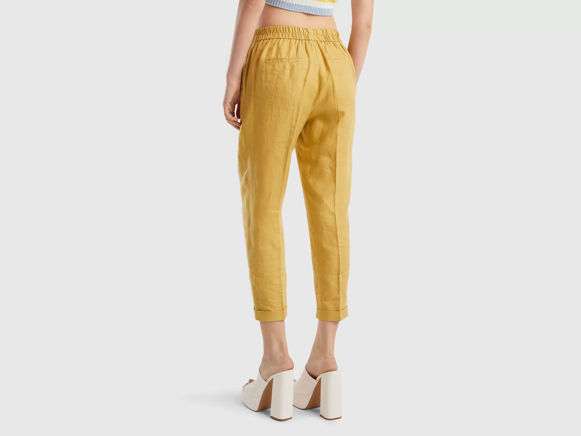 Benetton Pantalon Cropped De 100% Lino-Mujer Pantalones Y Chinos