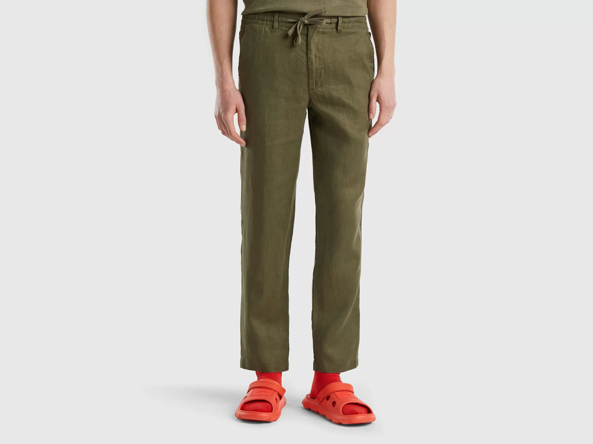 Benetton Pantalon De 100 % Lino Con Cordon-Hombre Pantalones Y Chinos