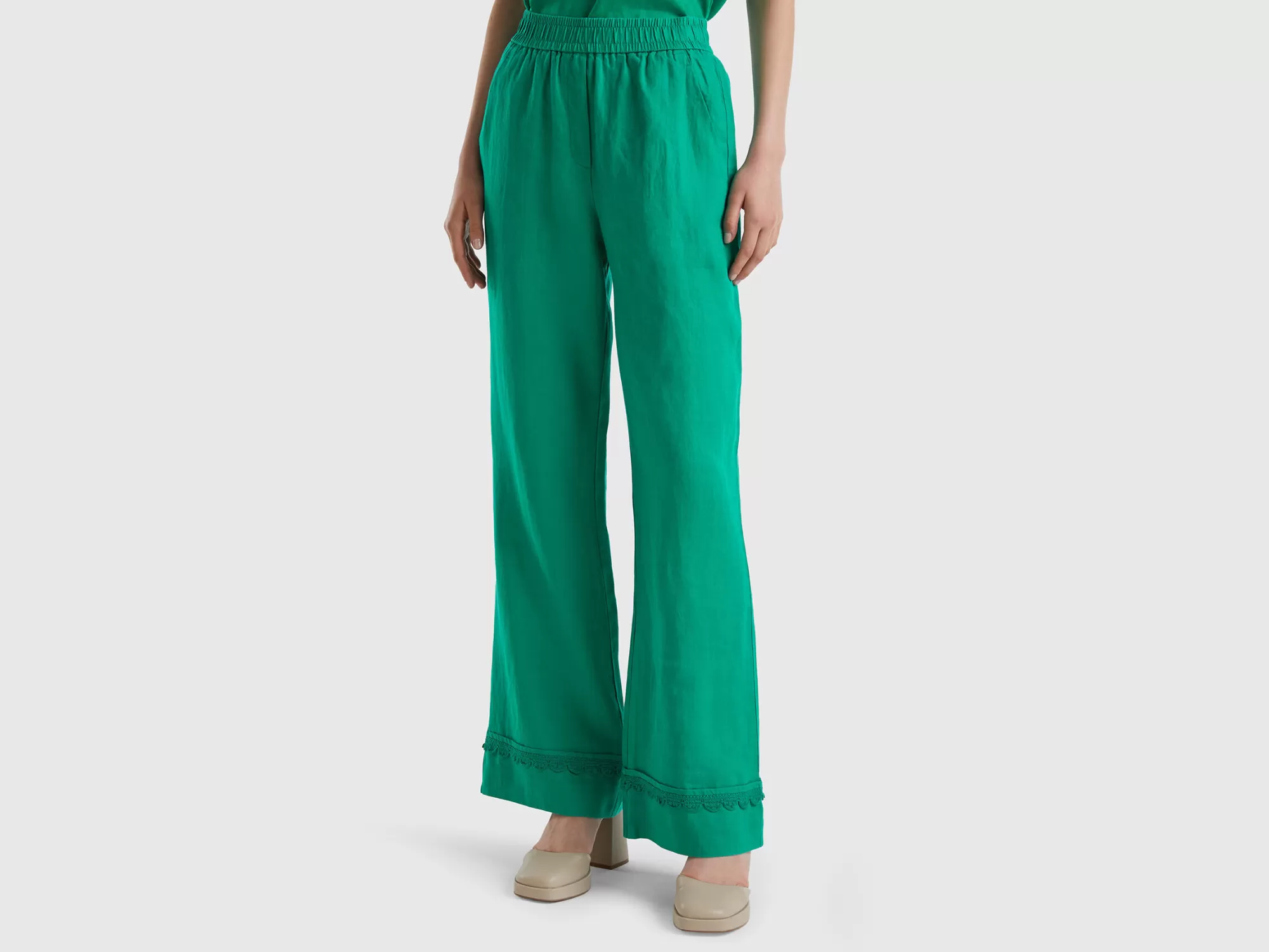 Benetton Pantalon De 100 % Lino Con Detalles De Ganchillo-Mujer Pantalones Y Chinos