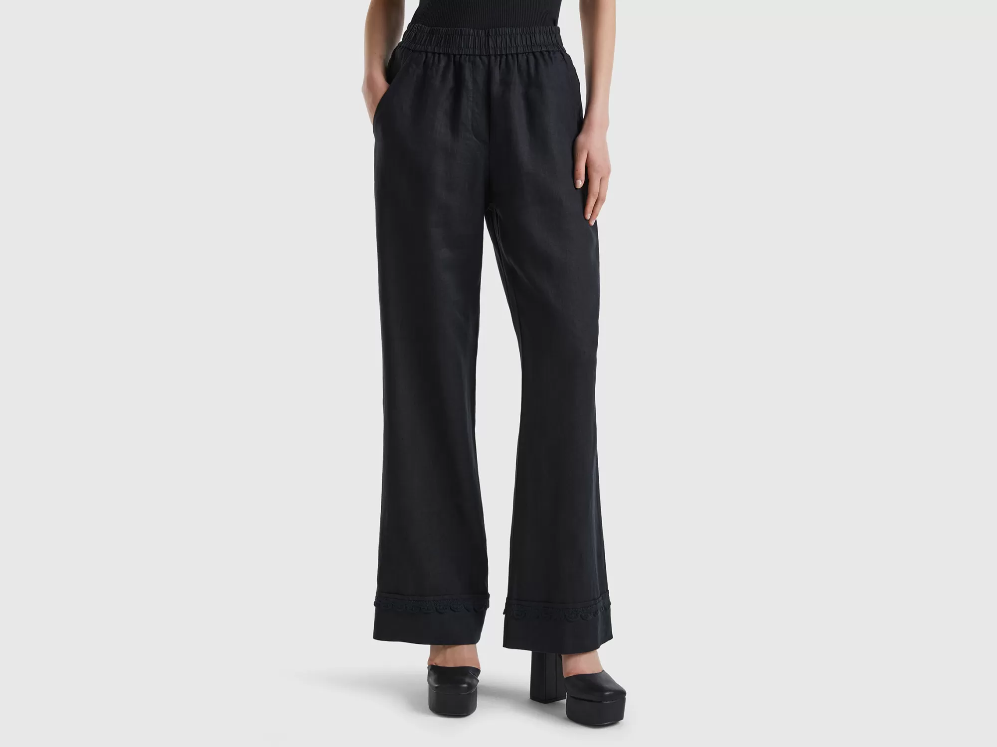 Benetton Pantalon De 100 % Lino Con Detalles De Ganchillo-Mujer Pantalones Y Chinos