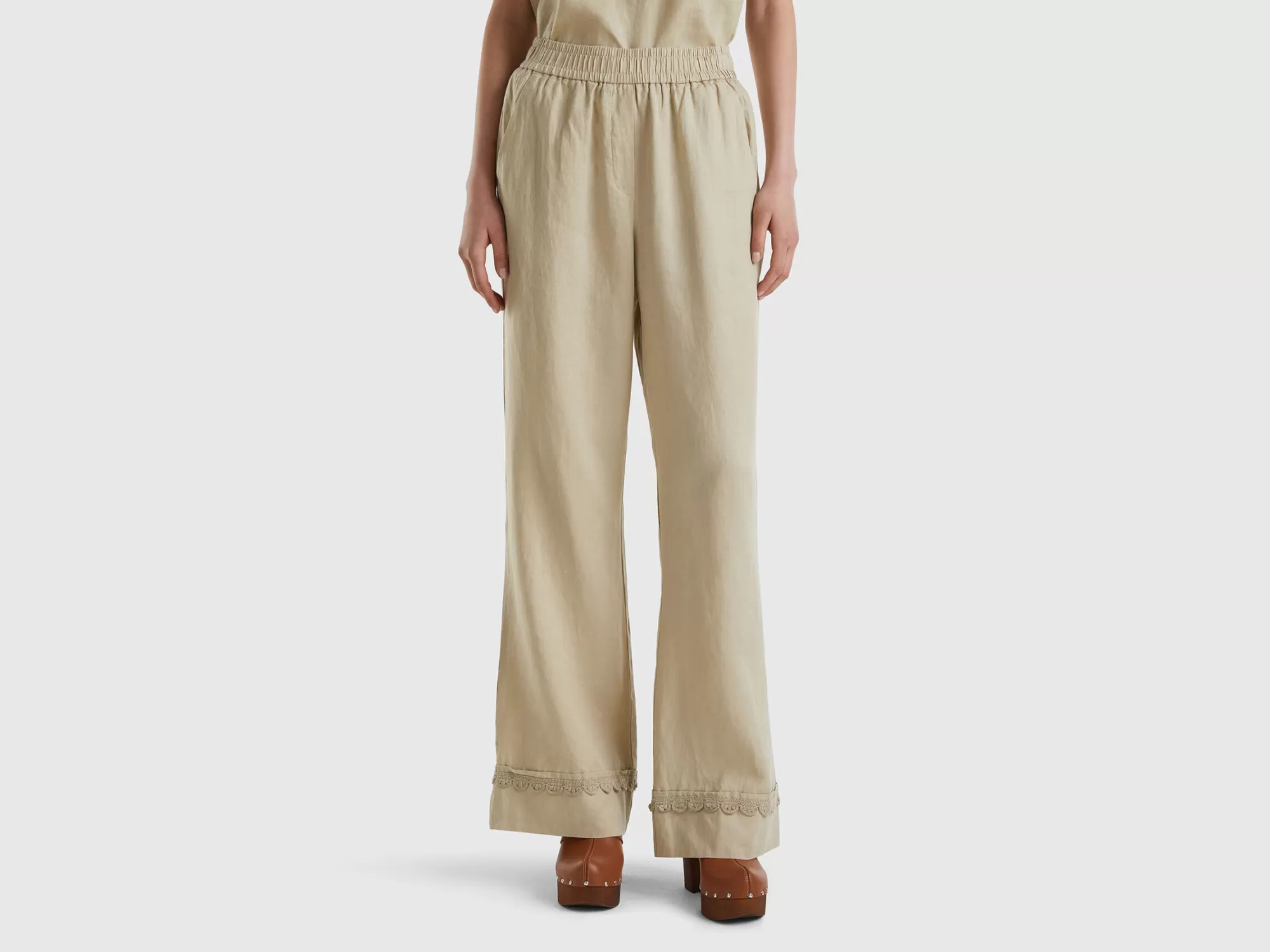 Benetton Pantalon De 100 % Lino Con Detalles De Ganchillo-Mujer Pantalones Y Chinos