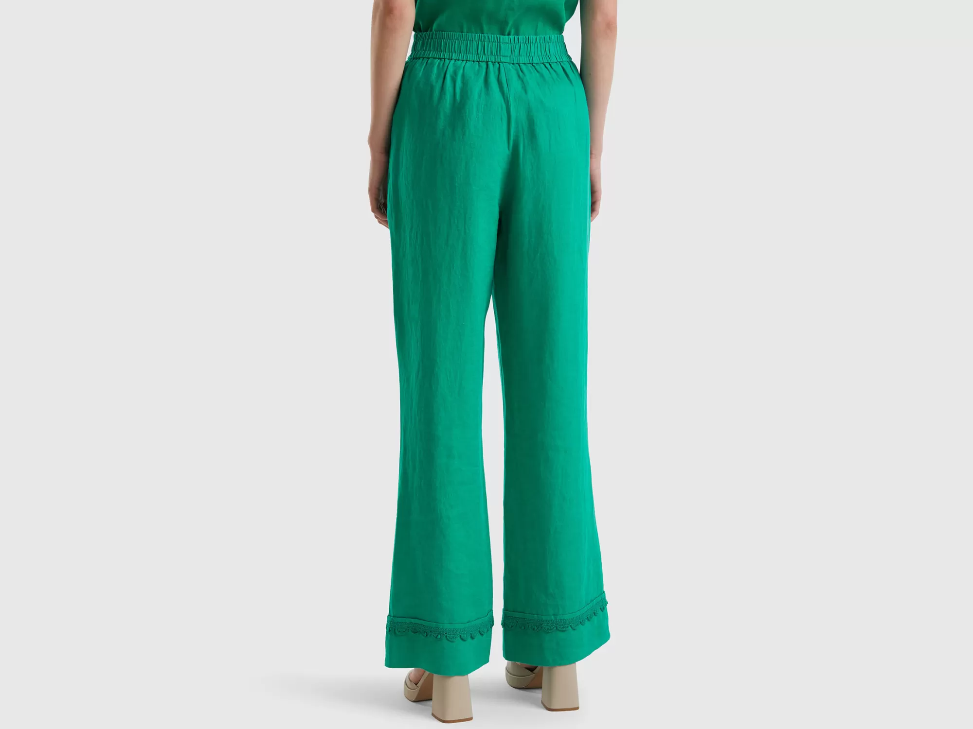 Benetton Pantalon De 100 % Lino Con Detalles De Ganchillo-Mujer Pantalones Y Chinos