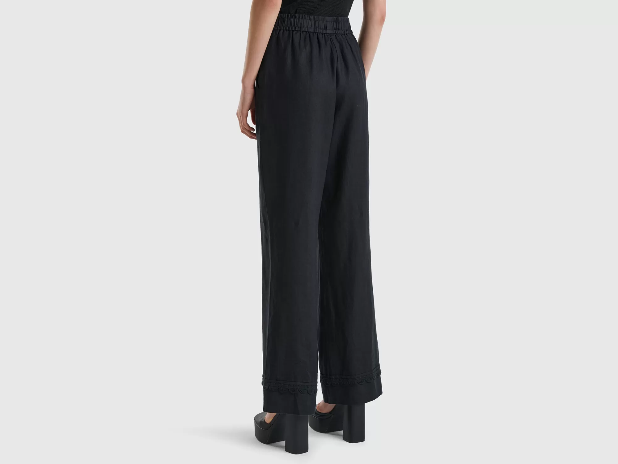 Benetton Pantalon De 100 % Lino Con Detalles De Ganchillo-Mujer Pantalones Y Chinos