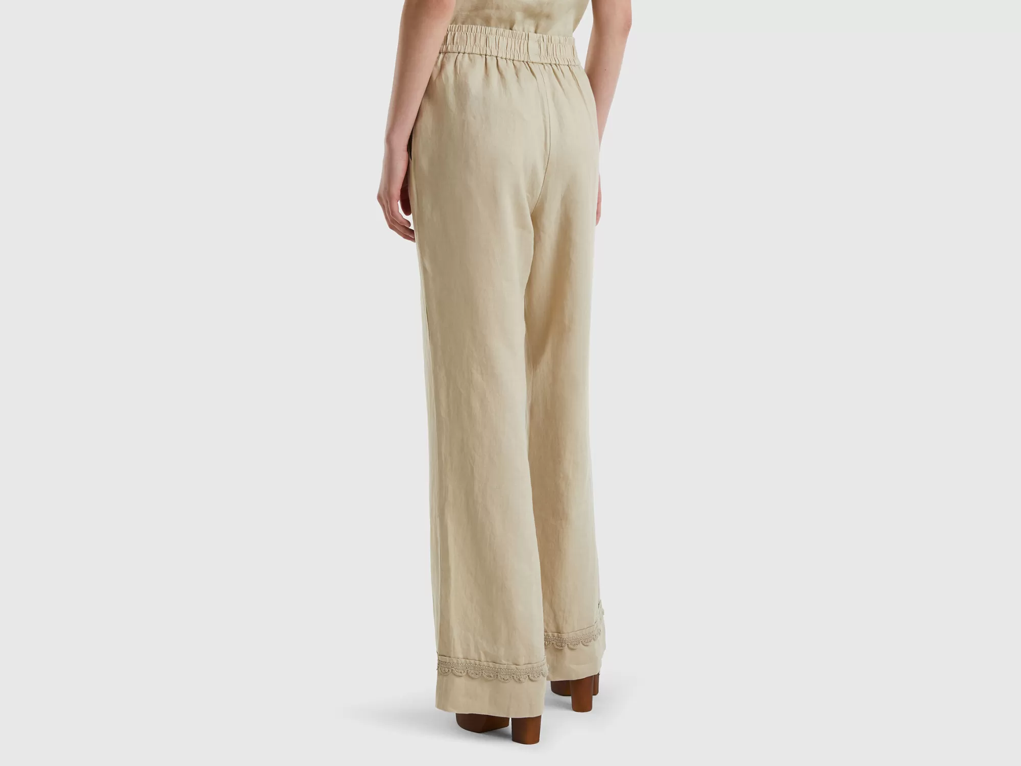 Benetton Pantalon De 100 % Lino Con Detalles De Ganchillo-Mujer Pantalones Y Chinos