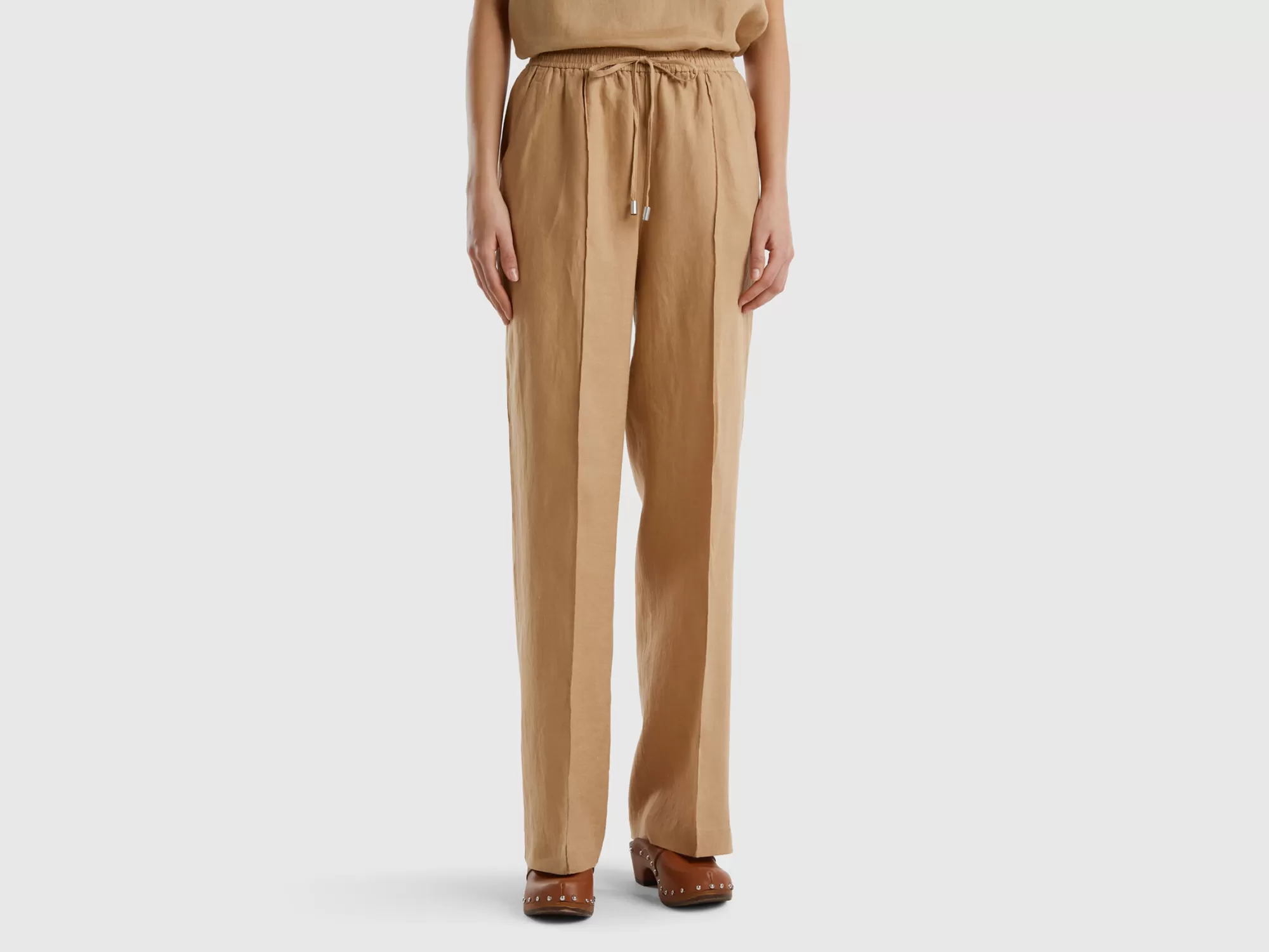 Benetton Pantalon De 100 % Lino Con Elastico-Mujer Pantalones Y Chinos