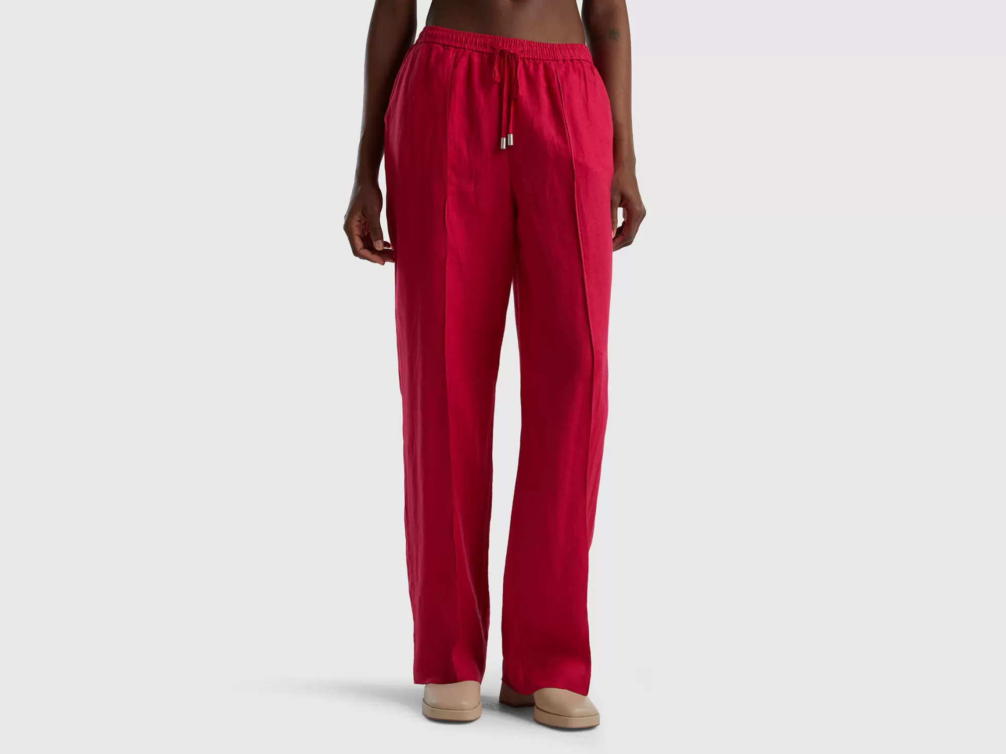 Benetton Pantalon De 100 % Lino Con Elastico-Mujer Pantalones Y Chinos