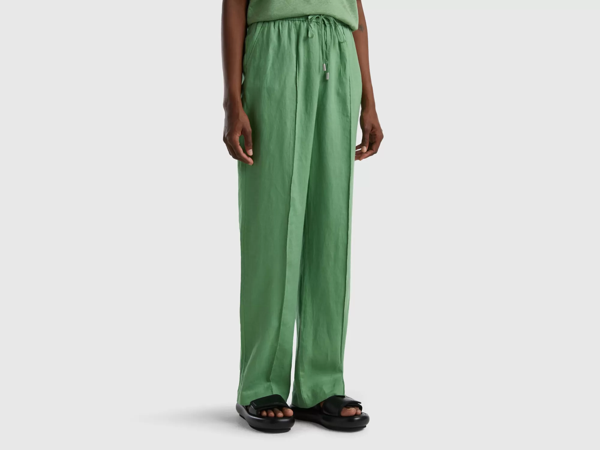 Benetton Pantalon De 100 % Lino Con Elastico-Mujer Pantalones Y Chinos