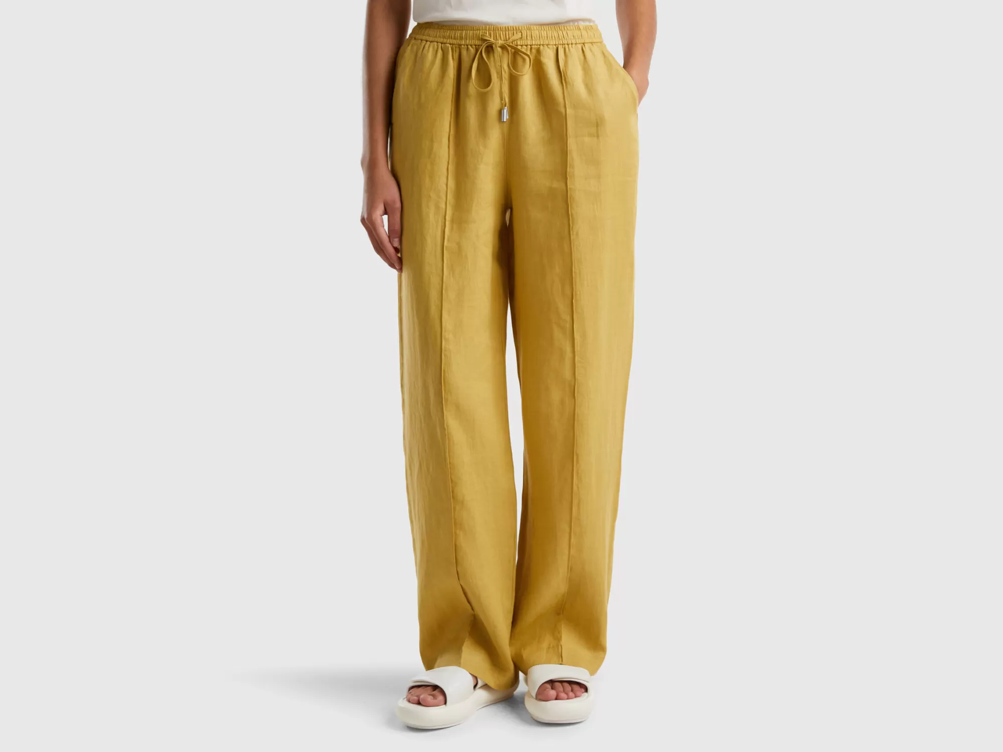 Benetton Pantalon De 100 % Lino Con Elastico-Mujer Pantalones Y Chinos