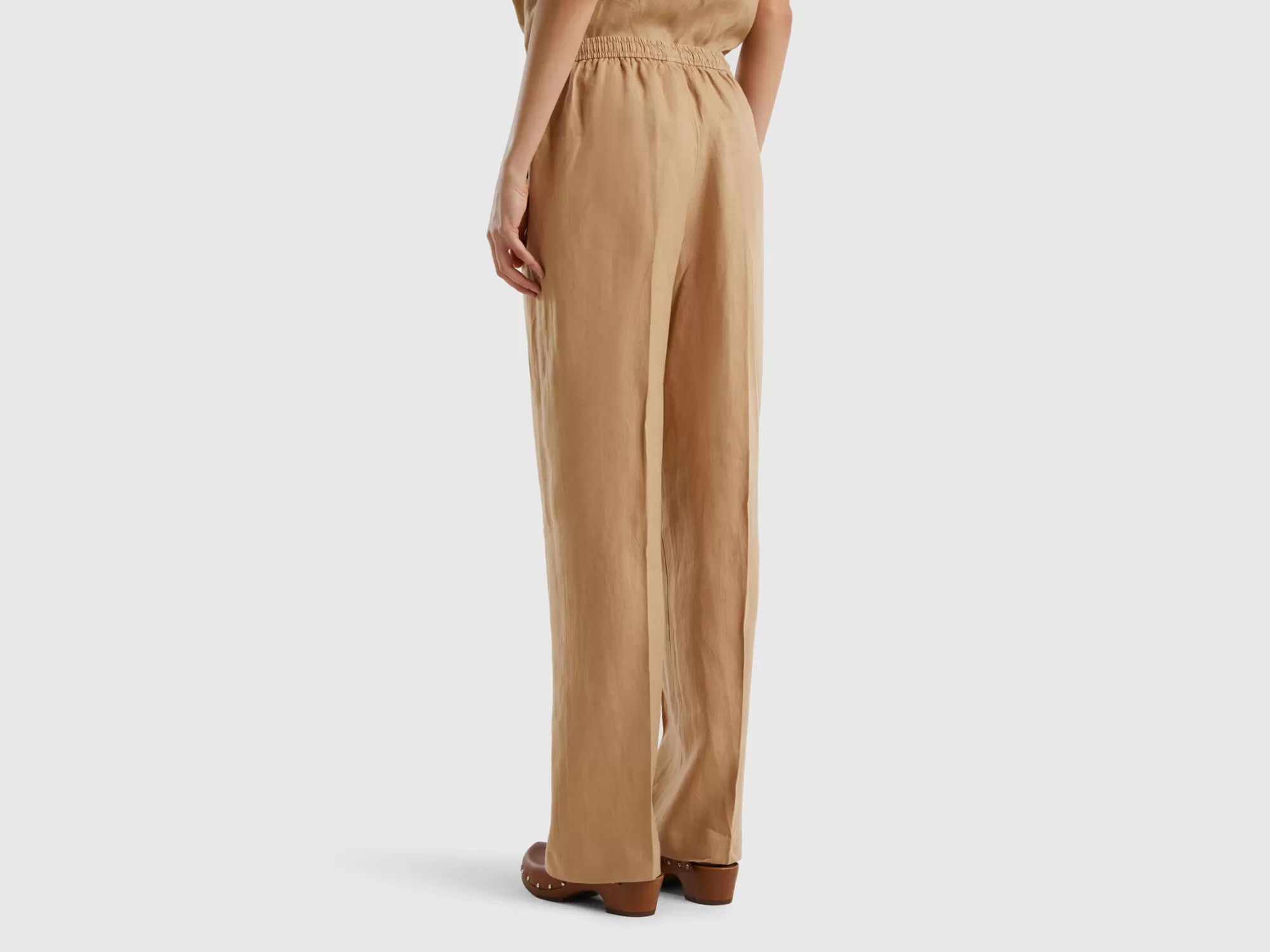 Benetton Pantalon De 100 % Lino Con Elastico-Mujer Pantalones Y Chinos