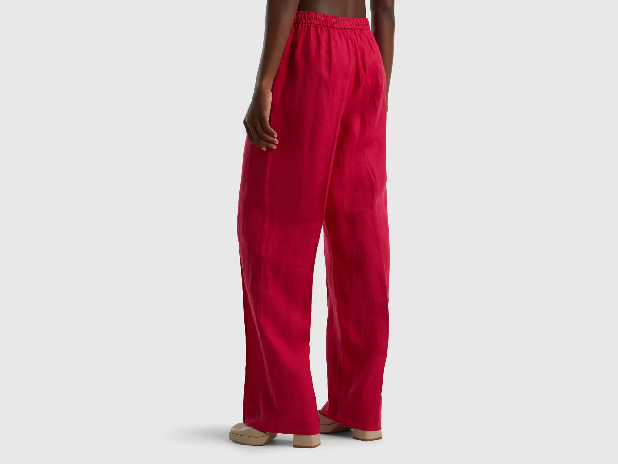 Benetton Pantalon De 100 % Lino Con Elastico-Mujer Pantalones Y Chinos