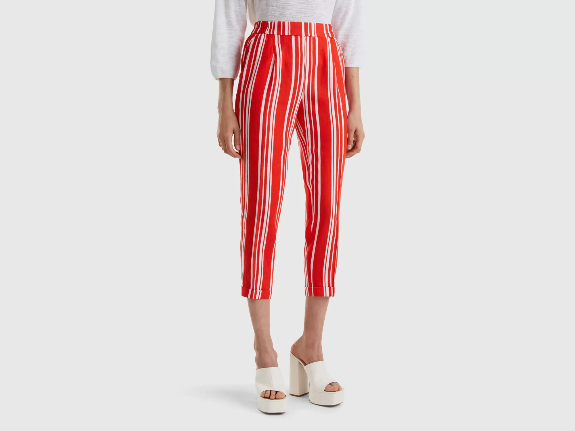 Benetton Pantalon Estampado De 100 % Lino-Mujer Pantalones Y Chinos