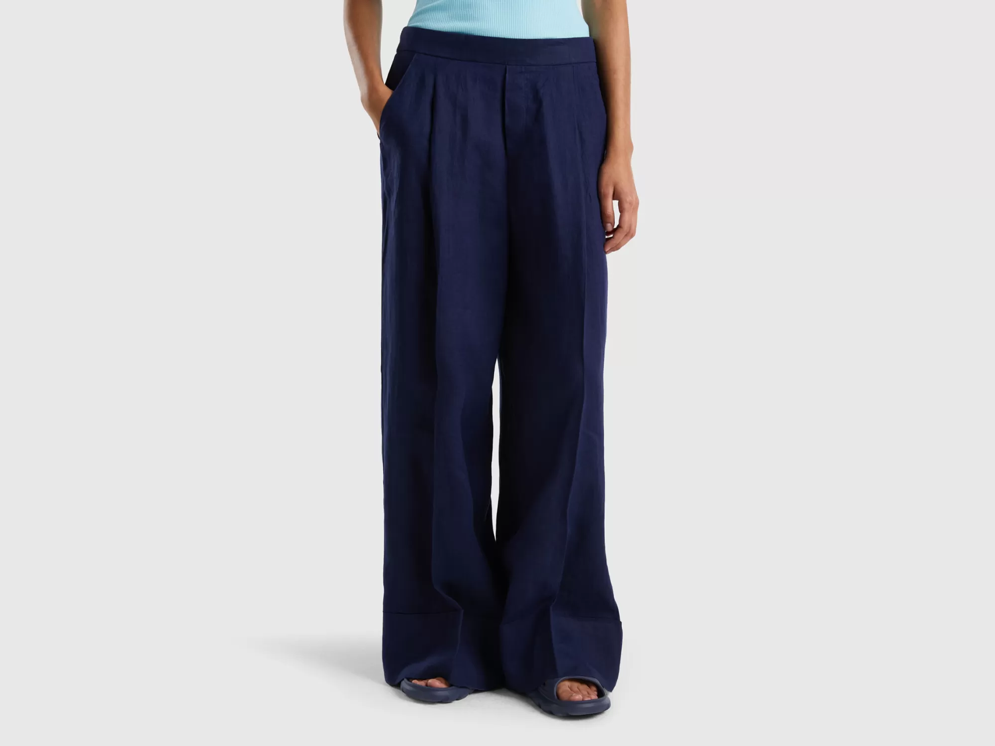 Benetton Pantalon Palazzo De 100 % Lino-Mujer Pantalones Y Chinos