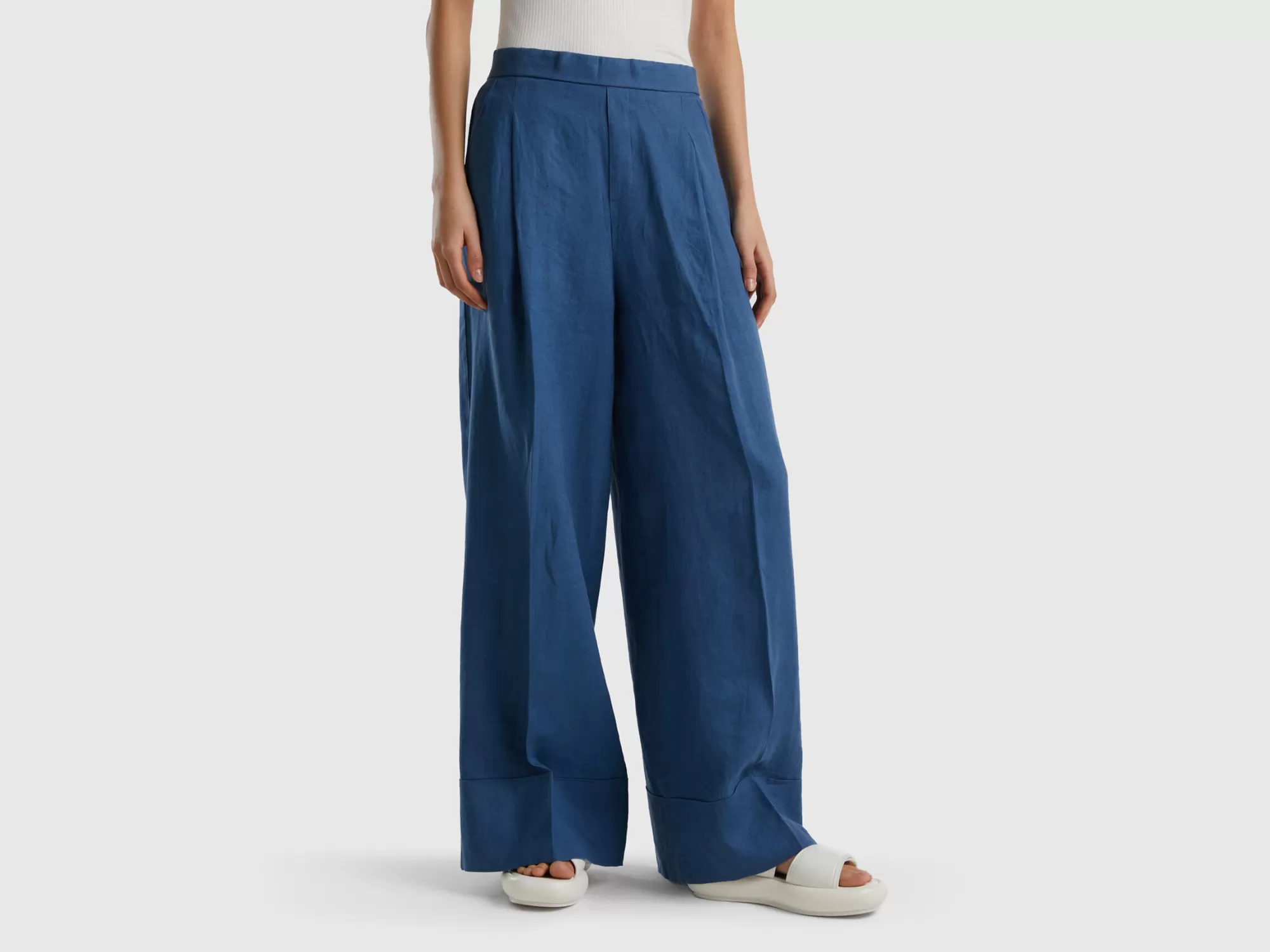 Benetton Pantalon Palazzo De 100 % Lino-Mujer Pantalones Y Chinos