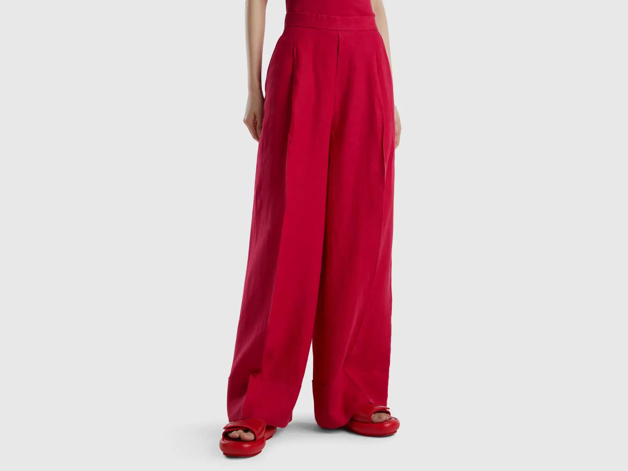 Benetton Pantalon Palazzo De 100 % Lino-Mujer Pantalones Y Chinos