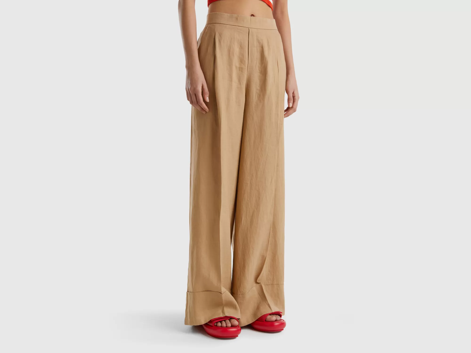 Benetton Pantalon Palazzo De 100 % Lino-Mujer Pantalones Y Chinos