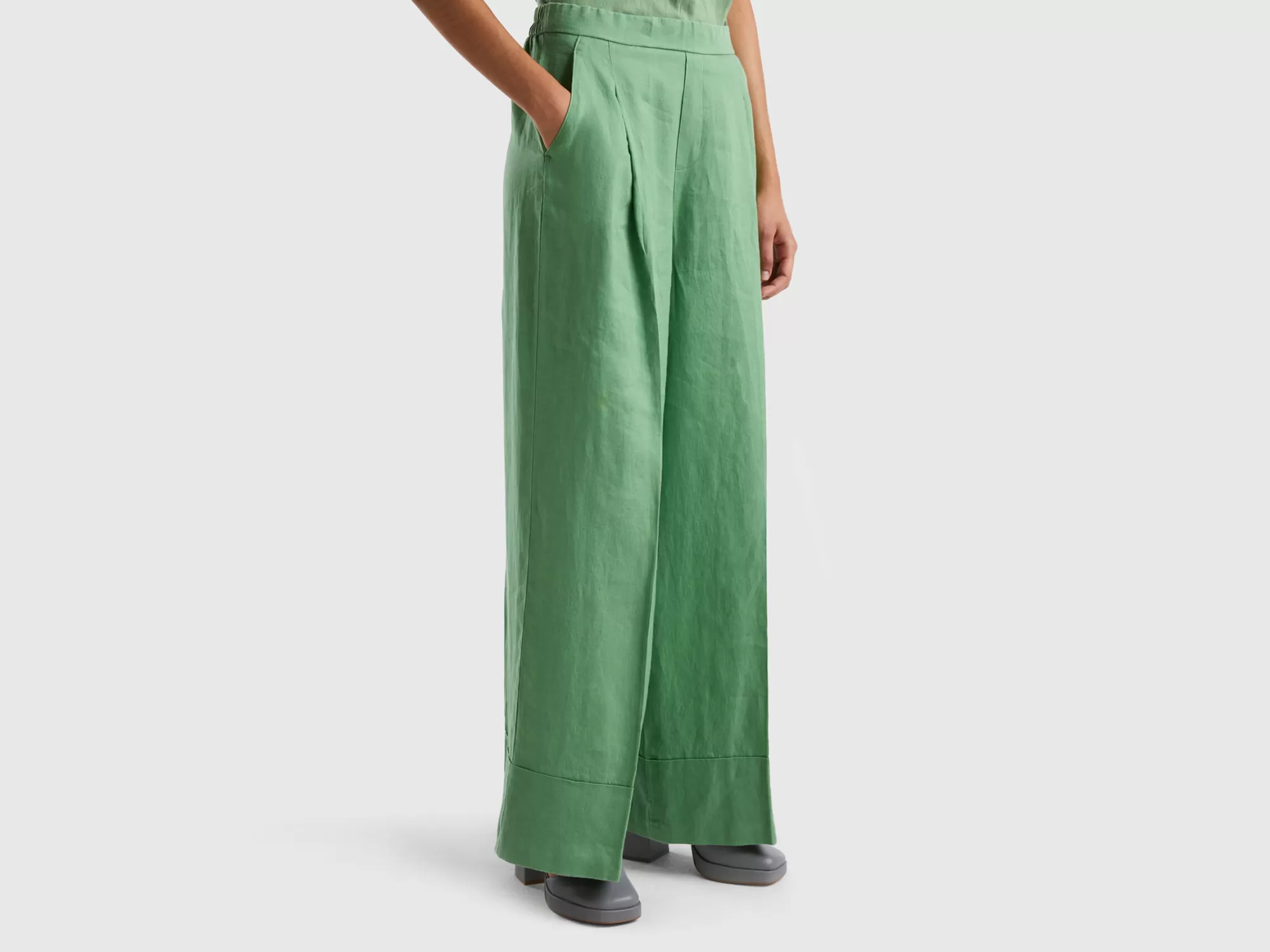 Benetton Pantalon Palazzo De 100 % Lino-Mujer Pantalones Y Chinos