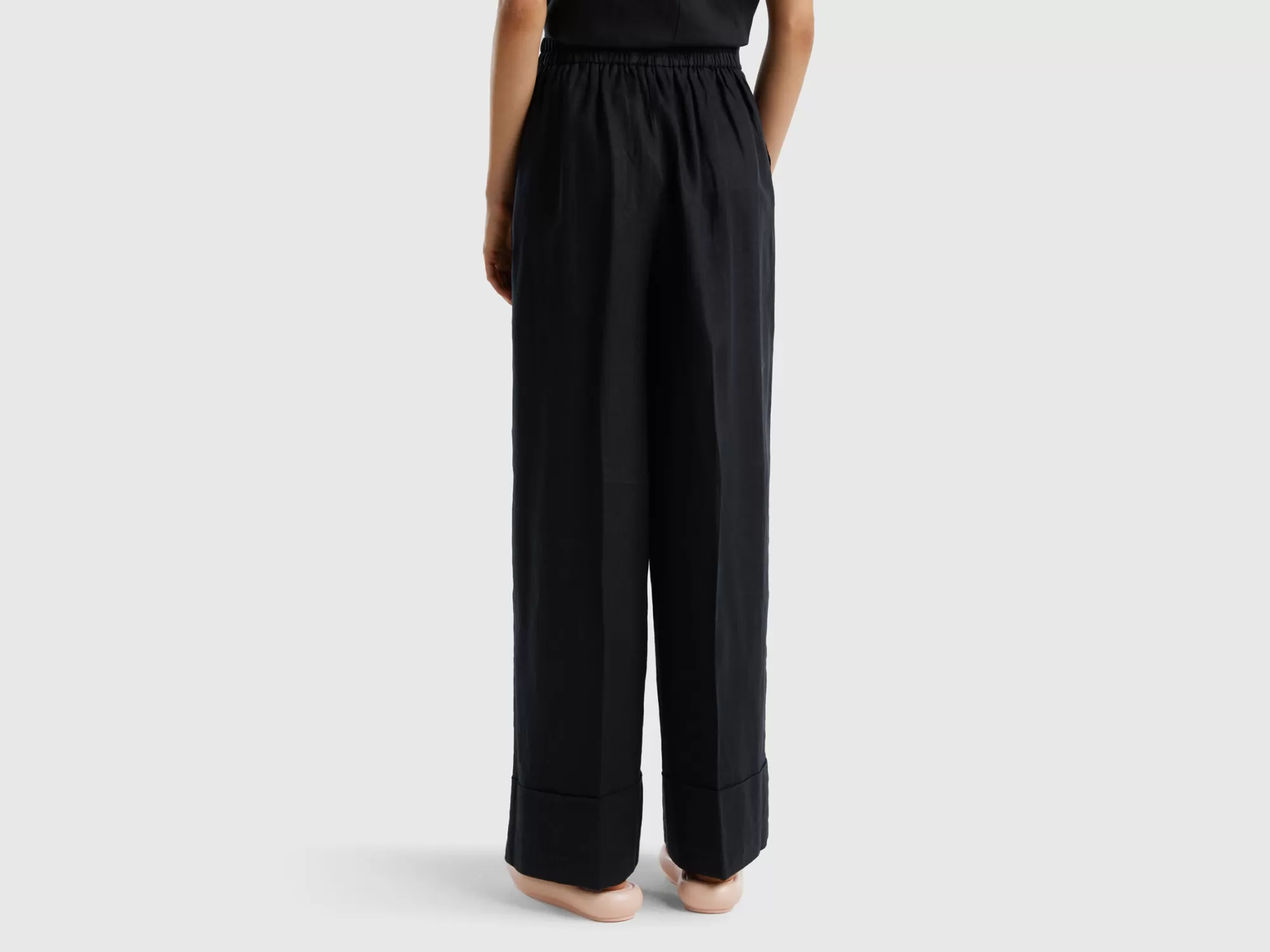 Benetton Pantalon Palazzo De 100 % Lino-Mujer Pantalones Y Chinos