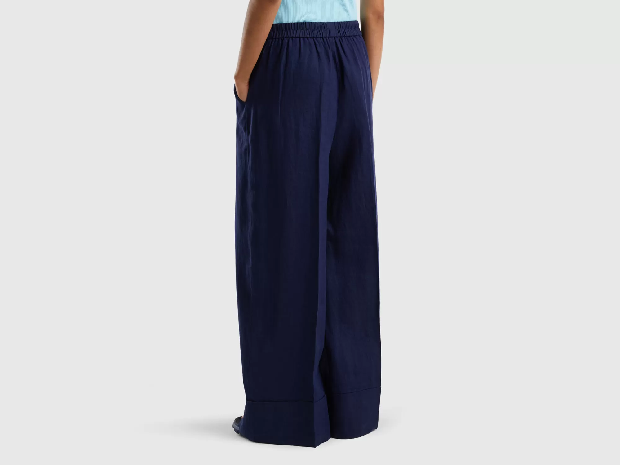 Benetton Pantalon Palazzo De 100 % Lino-Mujer Pantalones Y Chinos