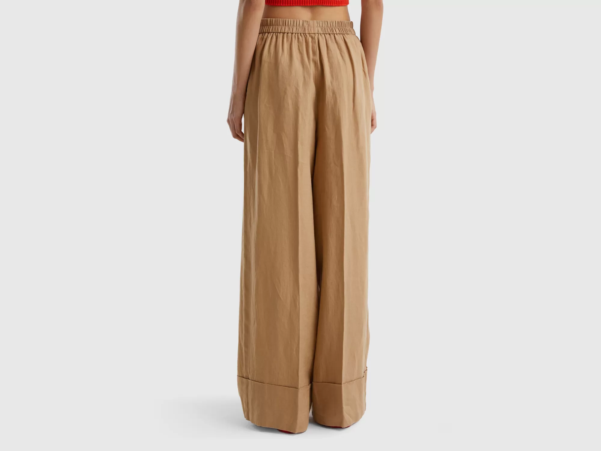 Benetton Pantalon Palazzo De 100 % Lino-Mujer Pantalones Y Chinos