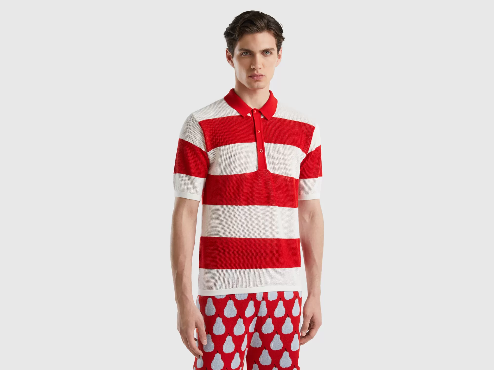 Benetton Polo De Punto Con Rayas Rojas Y Blancas-Hombre Polos