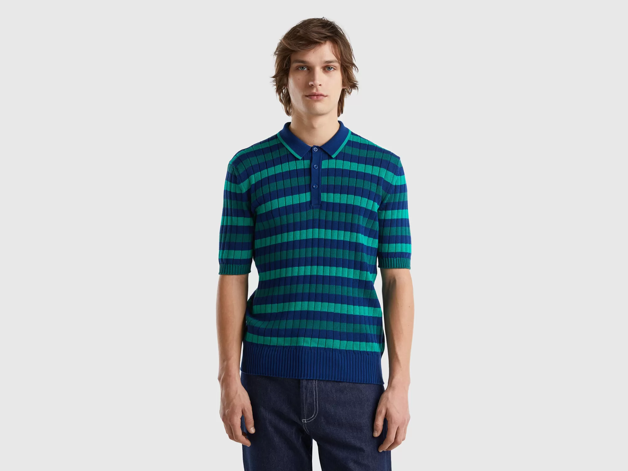 Benetton Polo De Punto Con Rayas Verdes Y Azules-Hombre Polos