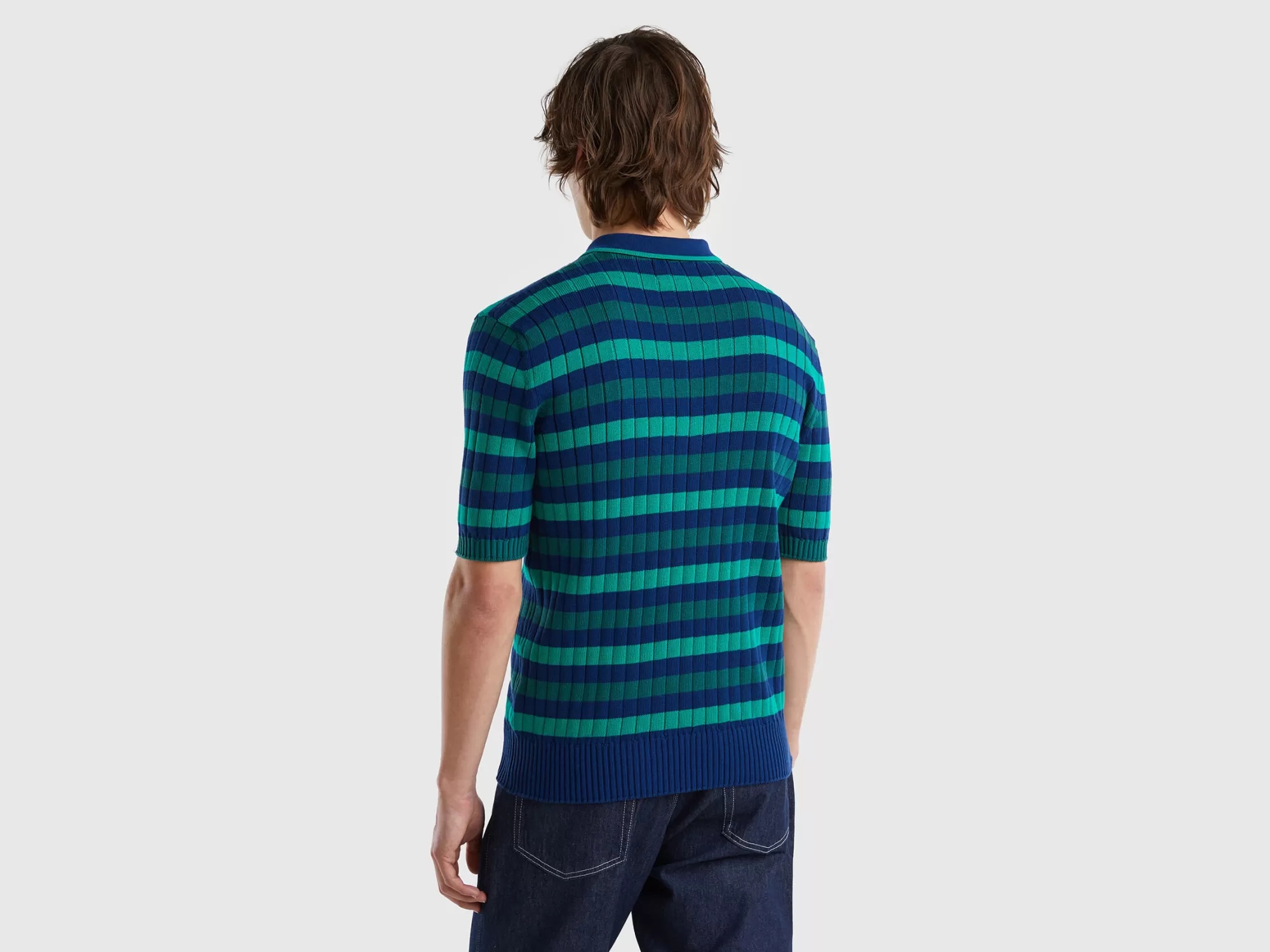 Benetton Polo De Punto Con Rayas Verdes Y Azules-Hombre Polos