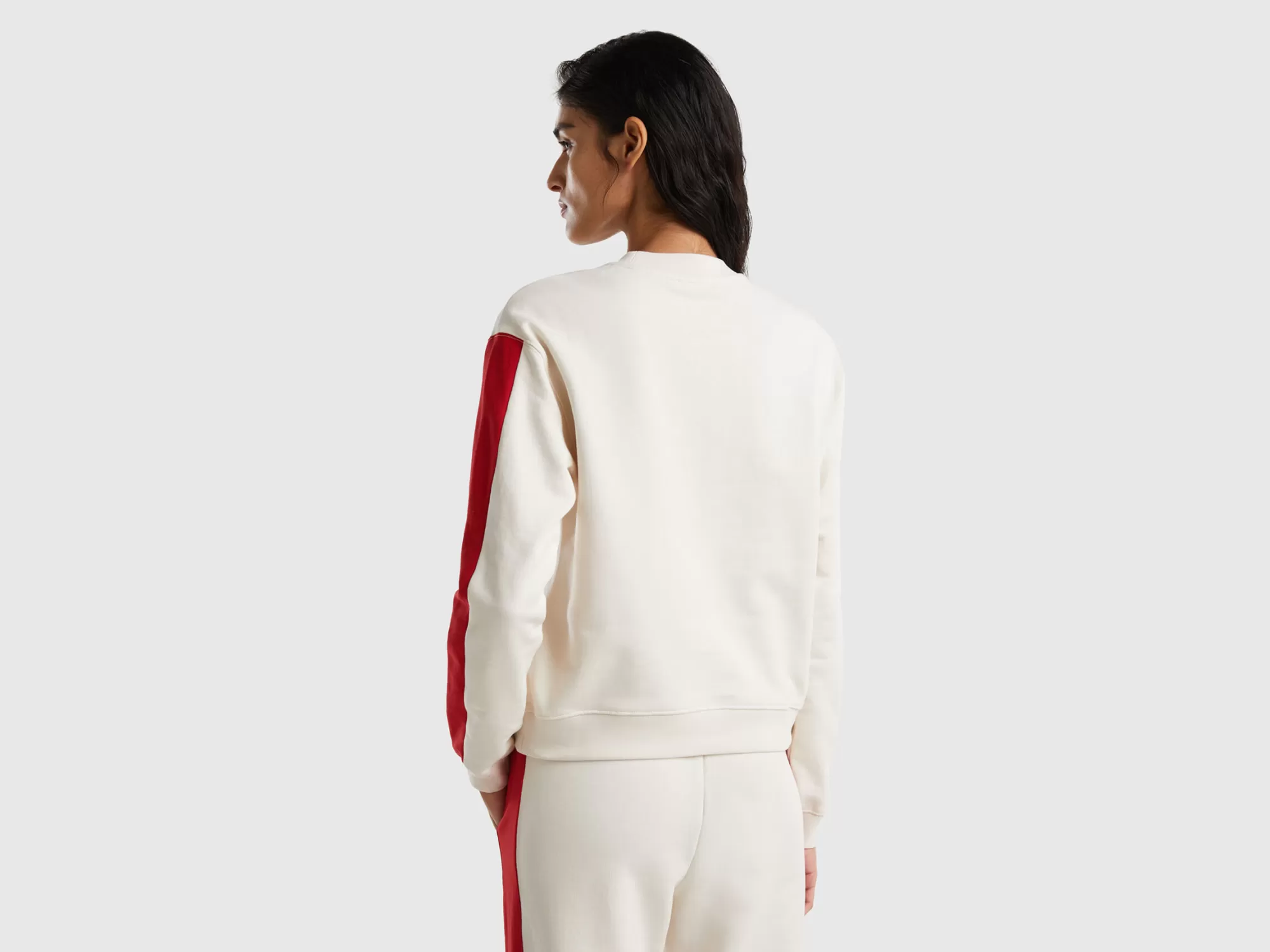 Benetton Sudadera Blanco Nata Con Banda Roja-Mujer Sudaderas