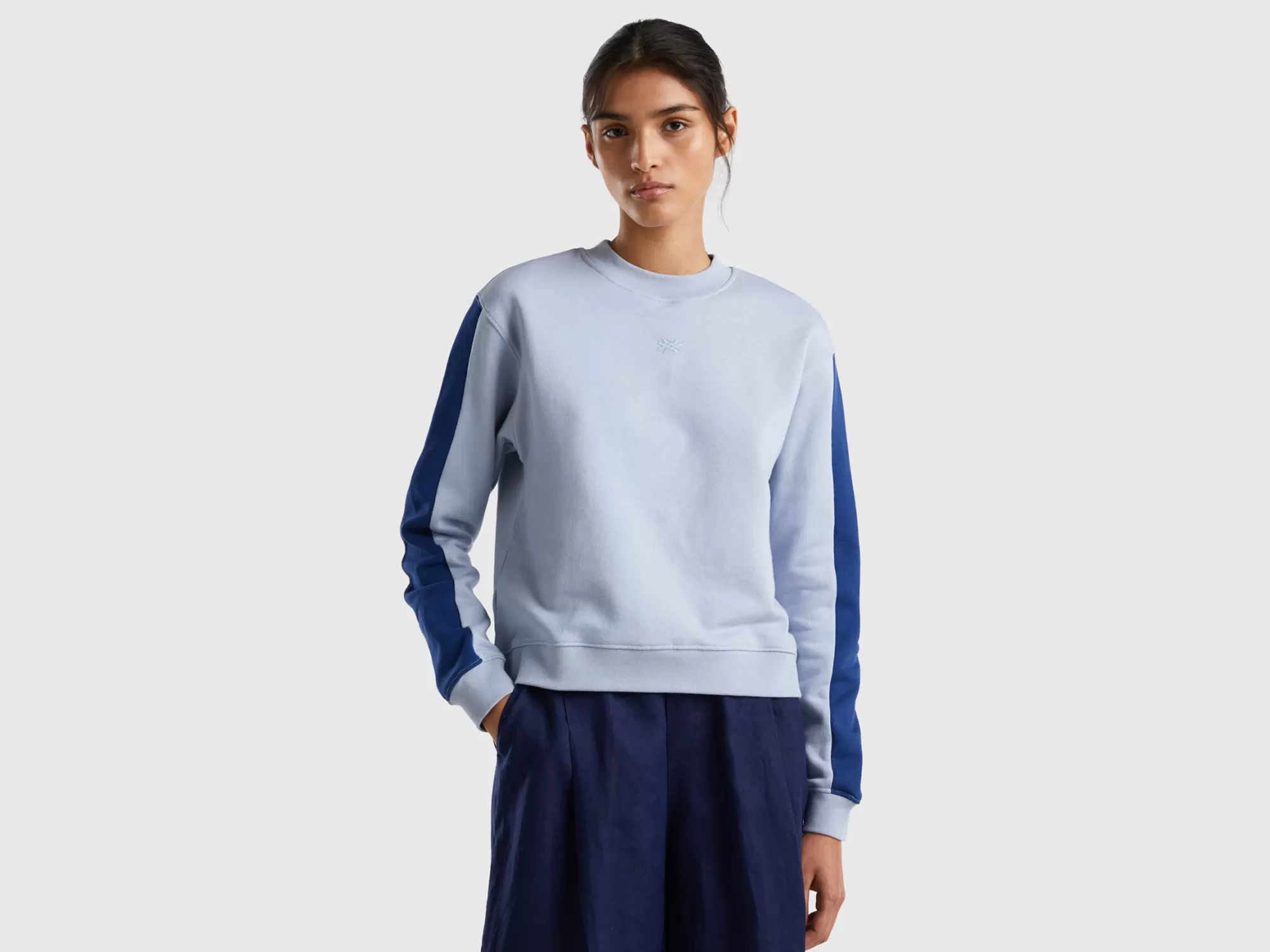 Benetton Sudaderacon Banda Azul Oscuro-Mujer Sudaderas