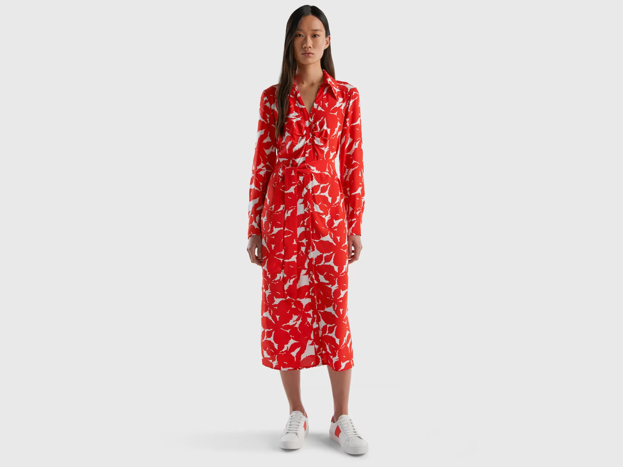 Benetton Vestido Camisero De Flores De 100 % Viscosa-Mujer Vestidos Y Monos