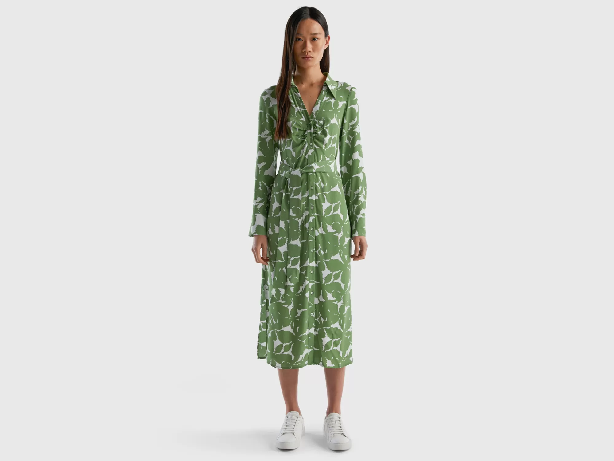 Benetton Vestido Camisero De Flores De 100 % Viscosa-Mujer Vestidos Y Monos